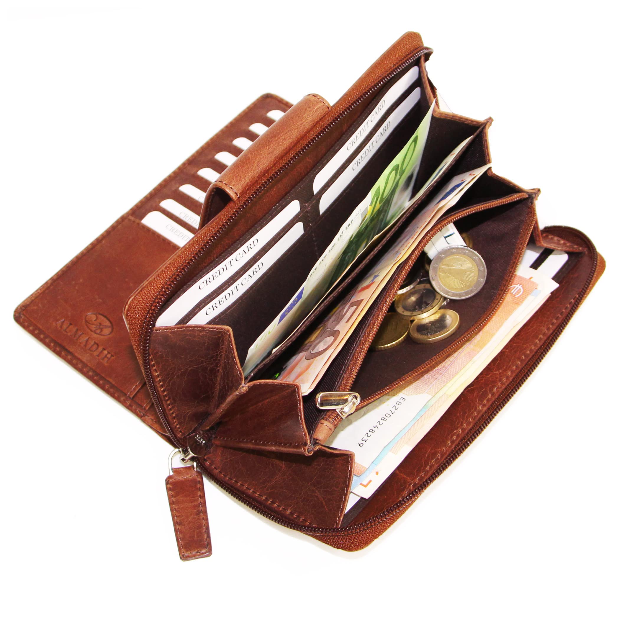 ALMADIH Leder Damen Portemonnaie Elyse Premium Rindsleder mit RFID Schutz 24 Kartenfächer Metall-Reißverschluss - Langbörse Geld Börse Brieftasche Clutch für Impfausweis P25