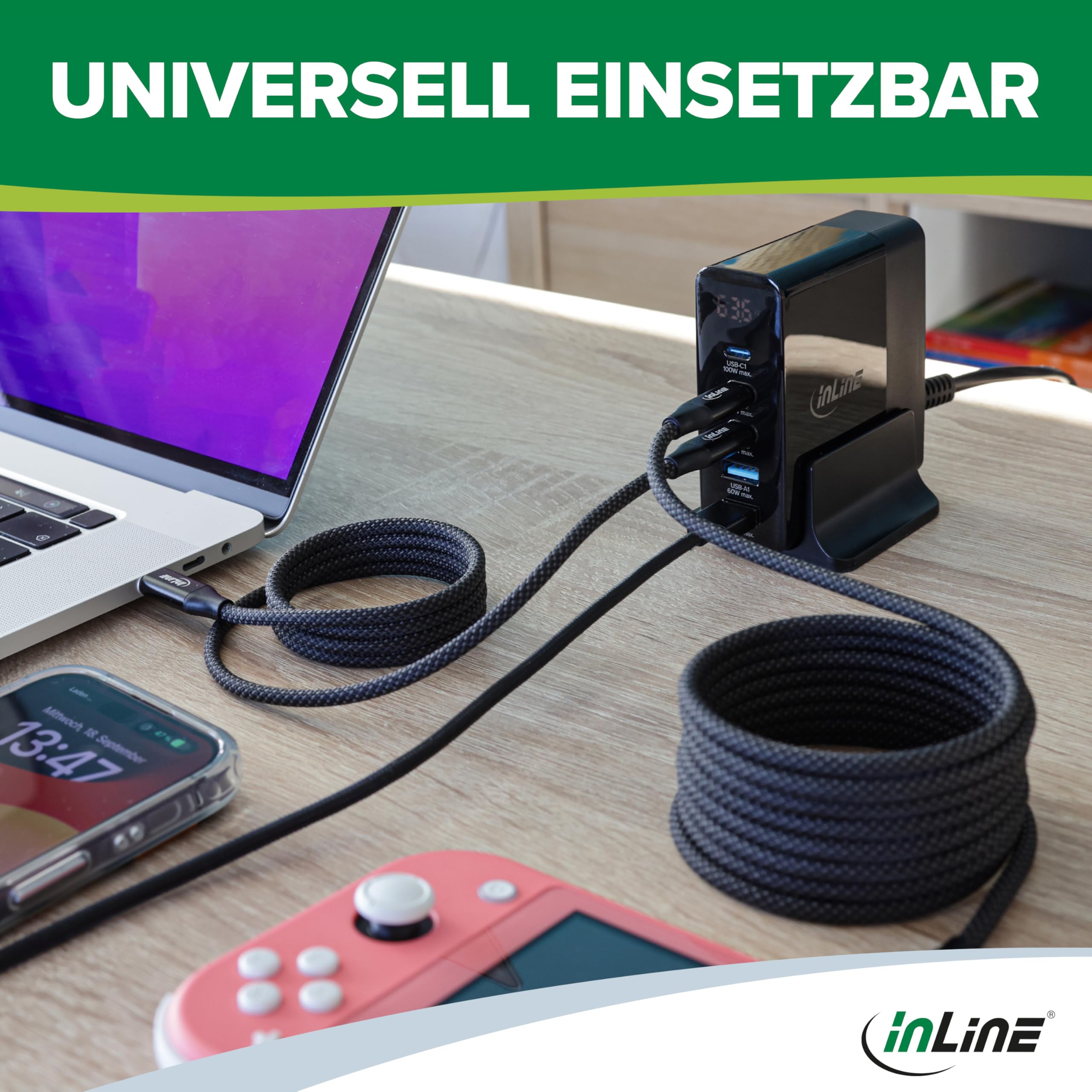 InLine Caricatore USB, 5 porte, display digitale con consumo di energia, 3 X USB-C + 2 X USB-A, GaN, 140 W, caricatore rapido, PD3.0, QC3.0, alimentatore per iPhone/Pro/Mini, Samsung e altro ancora,