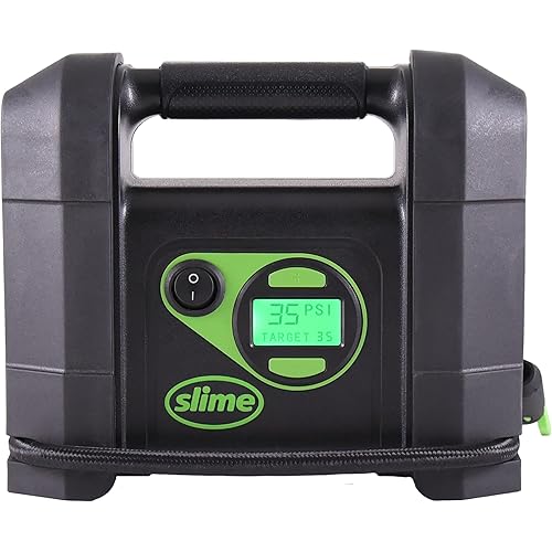 Slime 40047 Tire Inflator, Portable Car Air Compressor, Rugged, Inflate Right automatic shut off, with Digital 99 psi Display, Long Hose and LED Light, 12V, 4 min inflation