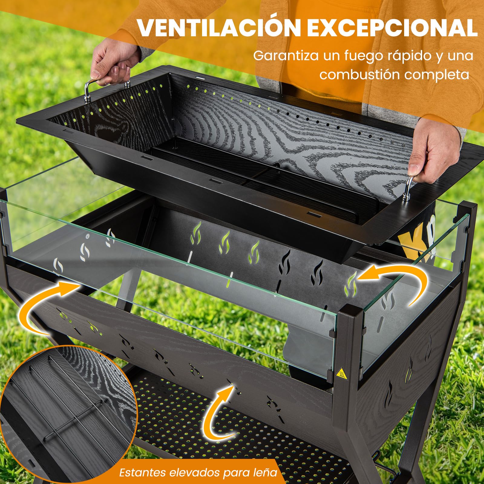 COSTWAY Barbacoa Carbón y Leña con Parrillas, Acero Inoxidable, Barbacoa Carbon con Protector Contra Viento, Estantes para Condimentos y de Almacenamiento, con Guantes
