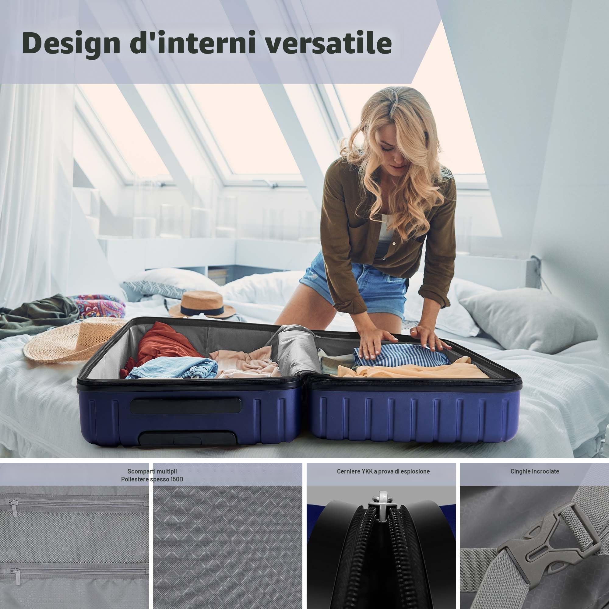 SHOWKOO Set di Valigie Rigide 3 Pezzi 100% Policarbonato Bagaglio Leggero Espandibile Ultra Durevole Valigia Trolley da Viaggio con Serratura Approvata Dalla Tsa e 4 Ruote Doppie M+L+XL,Blu Scuro