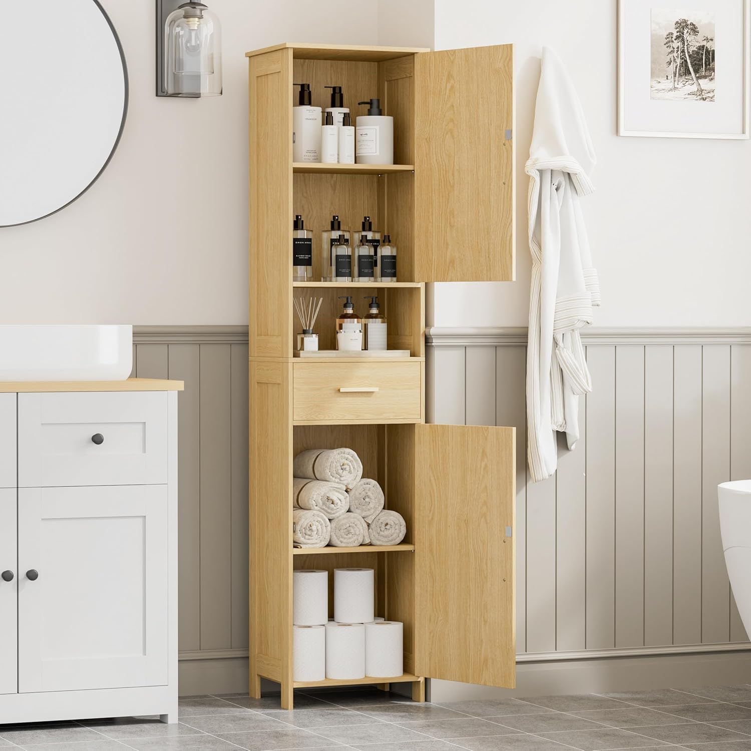 Homhedy 67"H Tall Bathroom Storage Cabinet with Rattan Decorated Door and Drawer, Narrow Storage Unit, Adjustable Shelves, Floor Cabinet for Bathroom, Living Room, Entryway, Kitchen, Natural, (15.7"W)