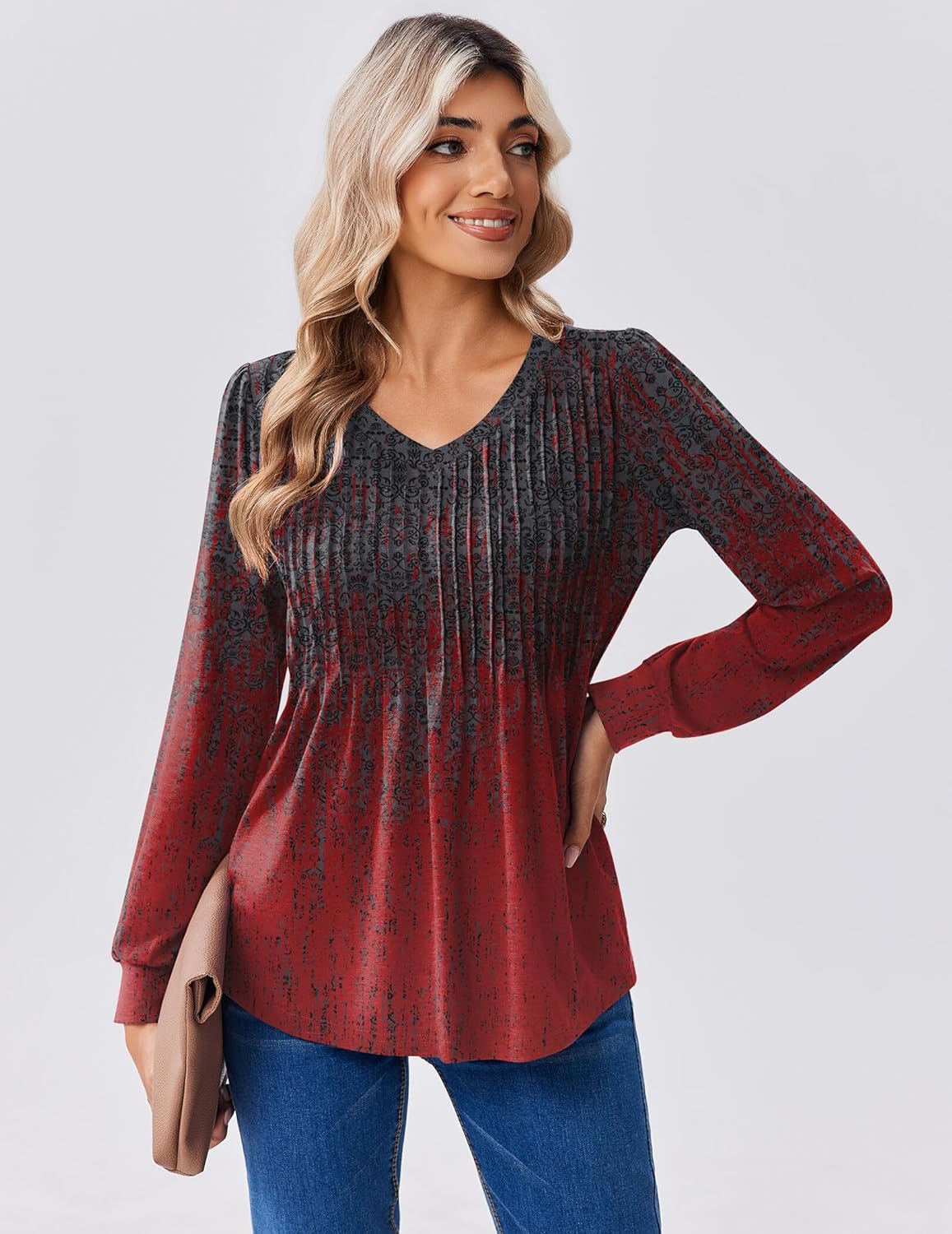 Zeagoo Long Sleeve Shirts for Women Casual V Neck Top Pleated Floral Boho Blouses 2026 Fall Tunics - Image 3