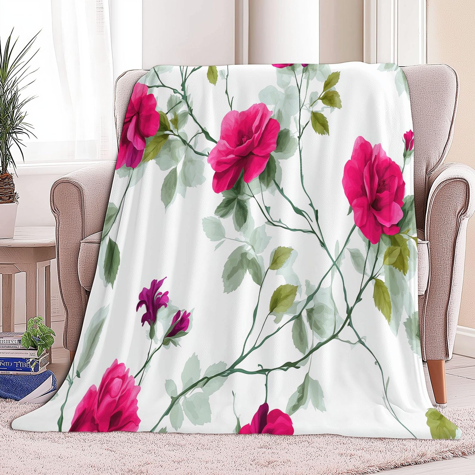 Genérico Manta de Forro Polar de Franela 220 x 240 cm, Crema Manta Estampada con Retro Flores Rosas Rosadas Enredaderas - Invierno Calentitas para Niñas Niños Adultos