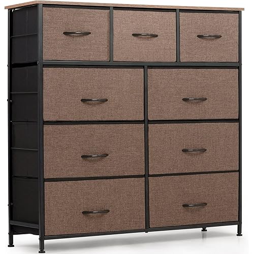 ODK Dresser with 9 Drawers, Fabric Storage Tower, Organizer Unit for Bedroom, Hallway, Entryway, Closets, Sturdy Steel Frame, Wood Top, Easy Pull Solid Handle, Brown