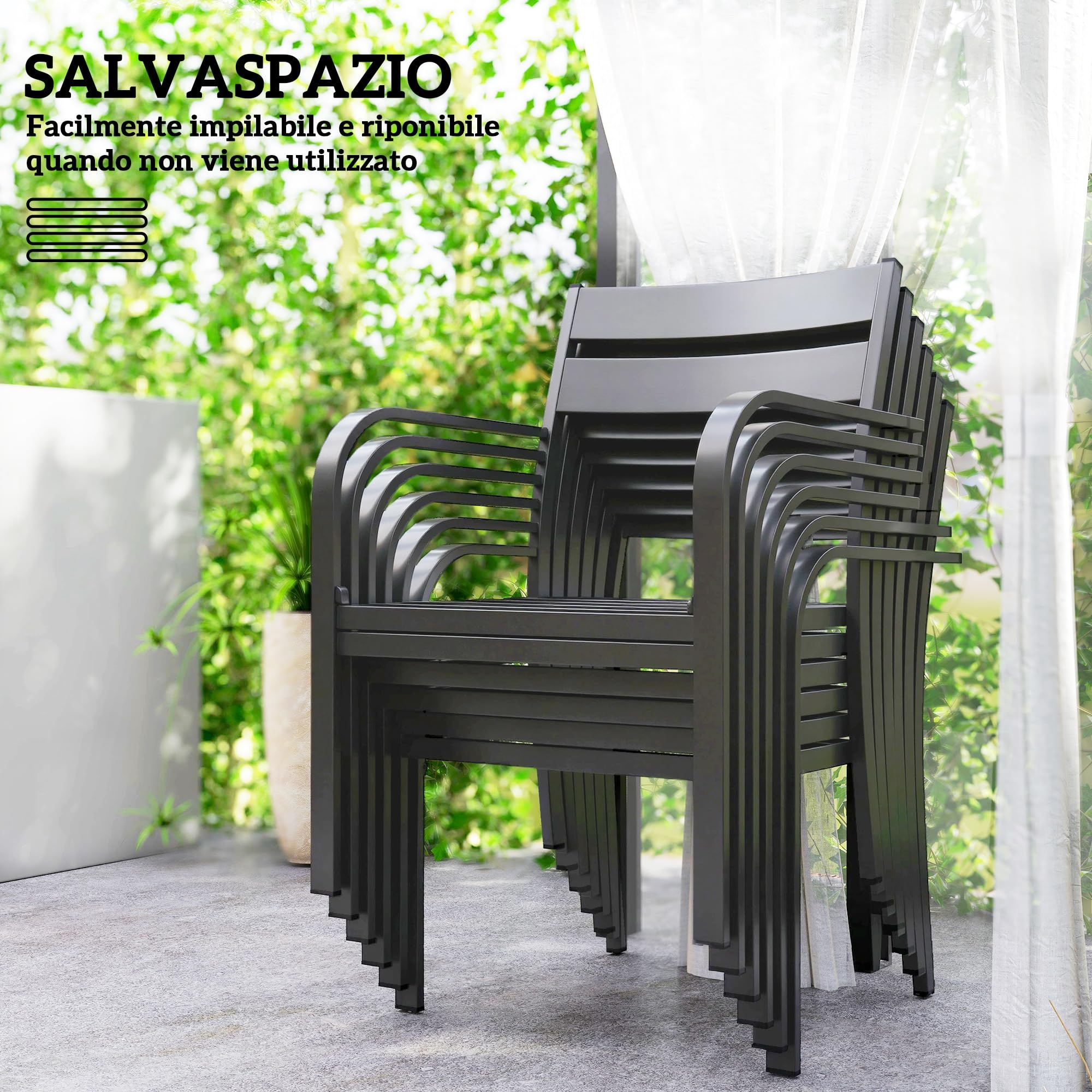 Outsunny Set Tavolo da Giardino con Sedie da 7 Pezzi, Set da Pranzo con Tavolo Allungabile, 6 Sedie da Esterno Impilabili con Braccioli e Cuscini, Set di Mobili a Doghe in Acciaio Alluminio, Grigio