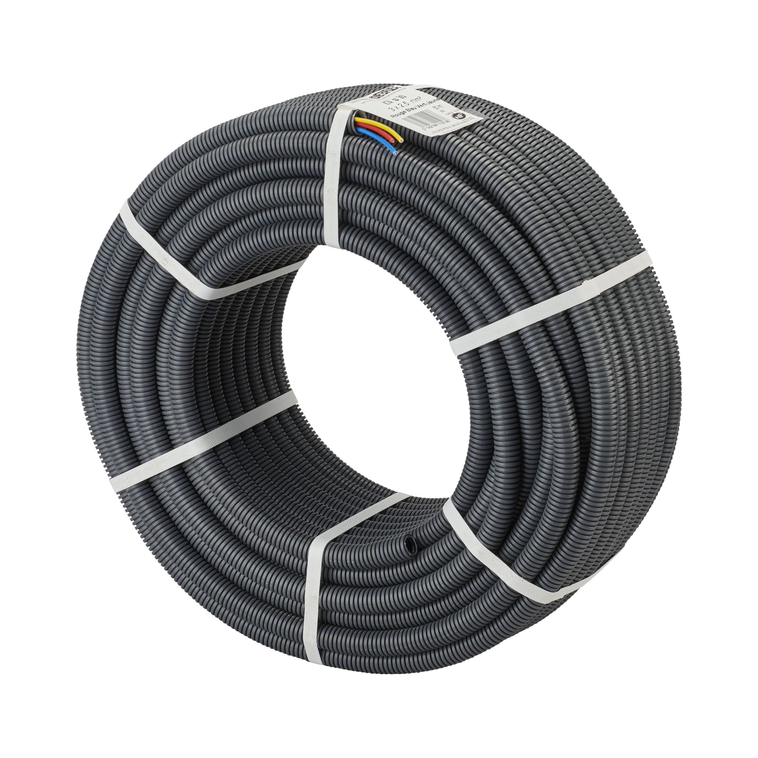 DEBFLEX - Gaine Electrique Préfilée 3 x 2,5 mm² - Couronne Gaine Diam. 20 mm - Pour Passage de Cables en Apparent ou en Encastré - 50 Mètres - Gris