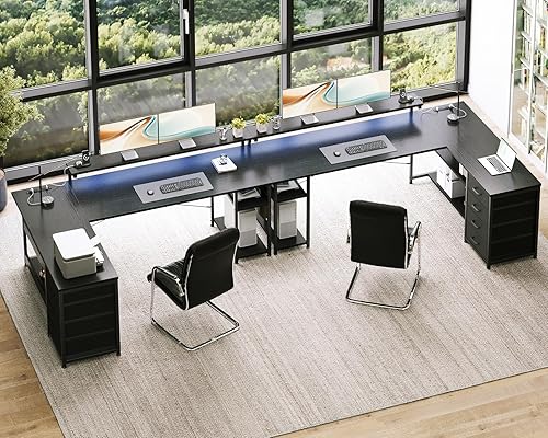 Miniatura 28 de AODK Escritorio en forma de L de 53 pulgadas con cajón, escritorio para computadora con tomas de corriente y luces LED, escritorio de esquina Negro