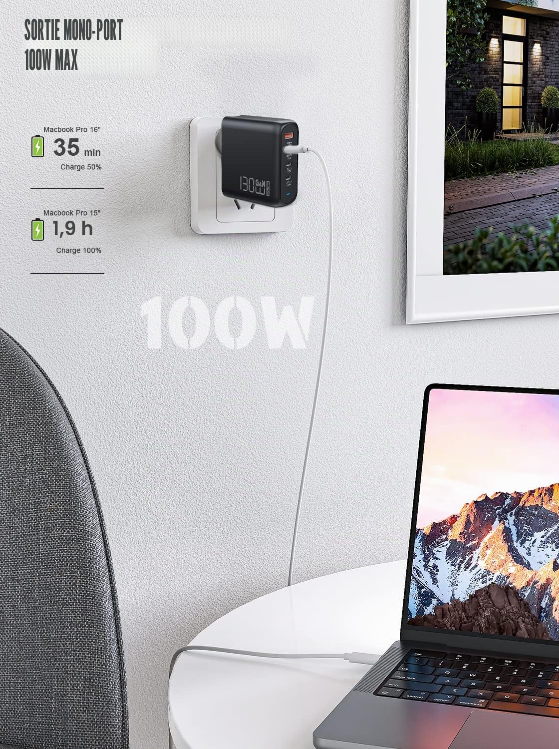 130W USB C Chargeur Rapide, PD 100W+QC 30W PPS PD GaN Chargeur 4 Ports Adaptateur Type C avec Câble 100W pour MacBook Pro/Air, Dell XPS 15, Huawei, iPhone 14/13, iPad Pro, Galaxy S22/S21