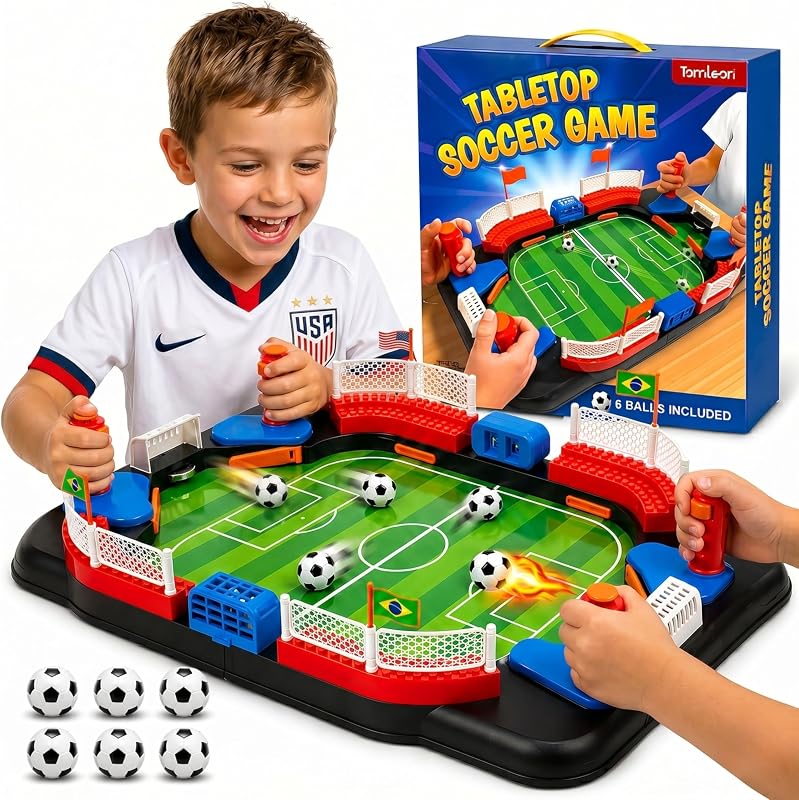 Soccer Toy for Kids - Table Top Foosball Game for 3 4 5 6 7 8-12 Year Old Kids - Interactive Soccer Gift - Mini Football Table Game with Goal Bell, Score Counter & 6 Balls - Easy Set-up Gift