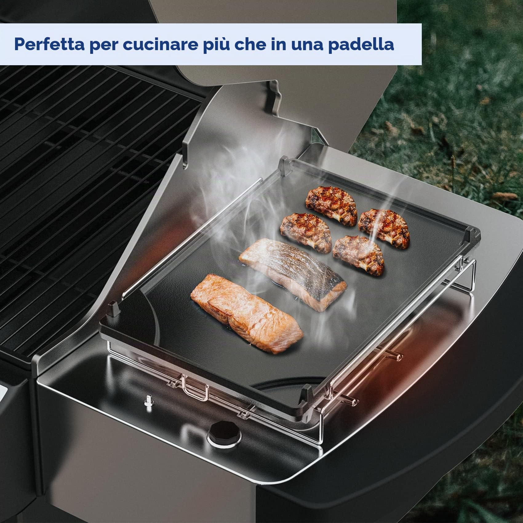 onlyfire Piastra per Barbecue con Fornello Laterale in Ghisa, Piastra per Barbecue a Doppia Faccia, con Telaio in Acciaio Inox Rimovibile, Universale per Quasi Tutte Le Griglie a Gas