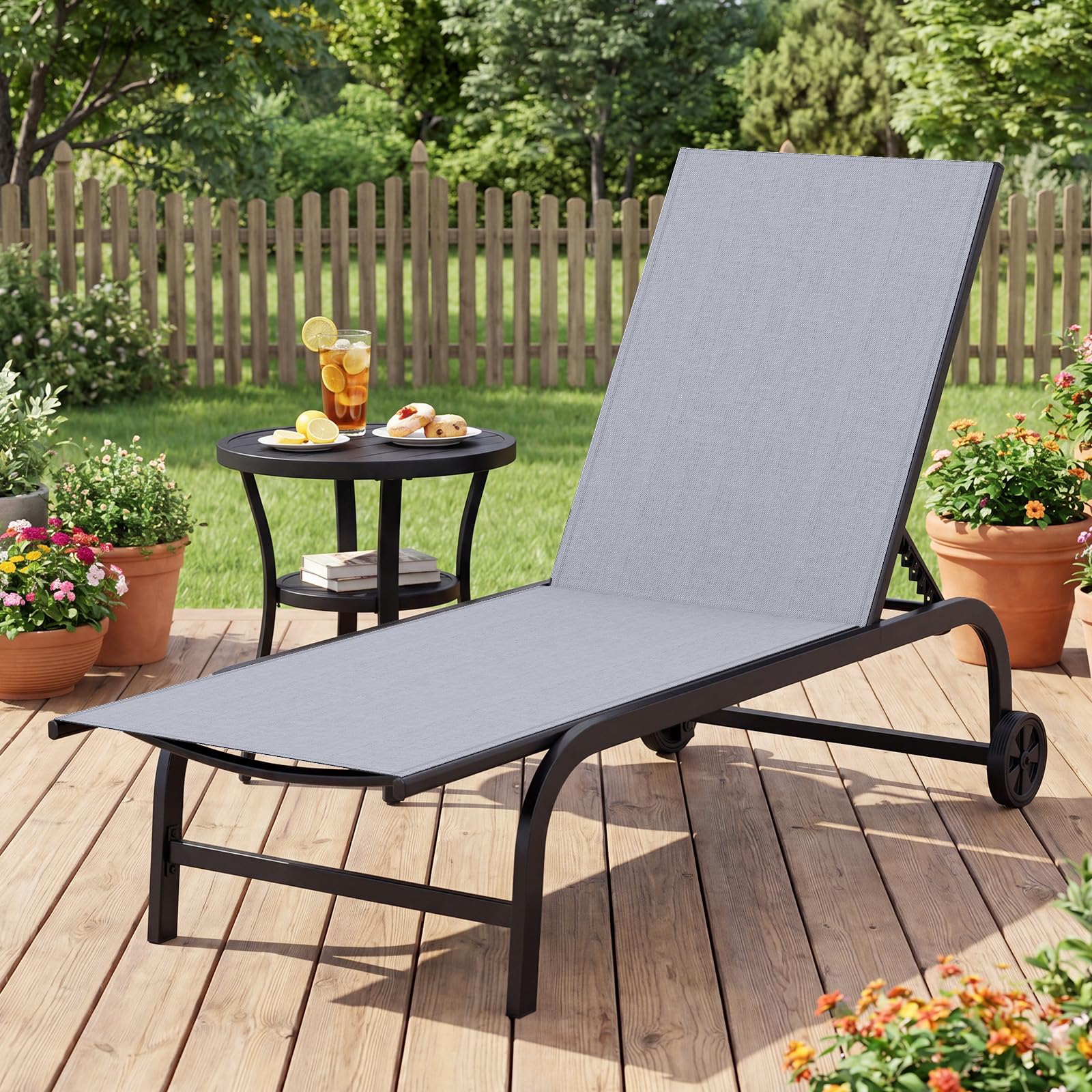 Multigot Garden Sun Lounger with Wheels, 6 Positions Adjustable Outdoor Chaise Lounge Chair, Portable Patio Sunbed Leisure Deck Seat for Lawn Beach Poolside (1, Grey)