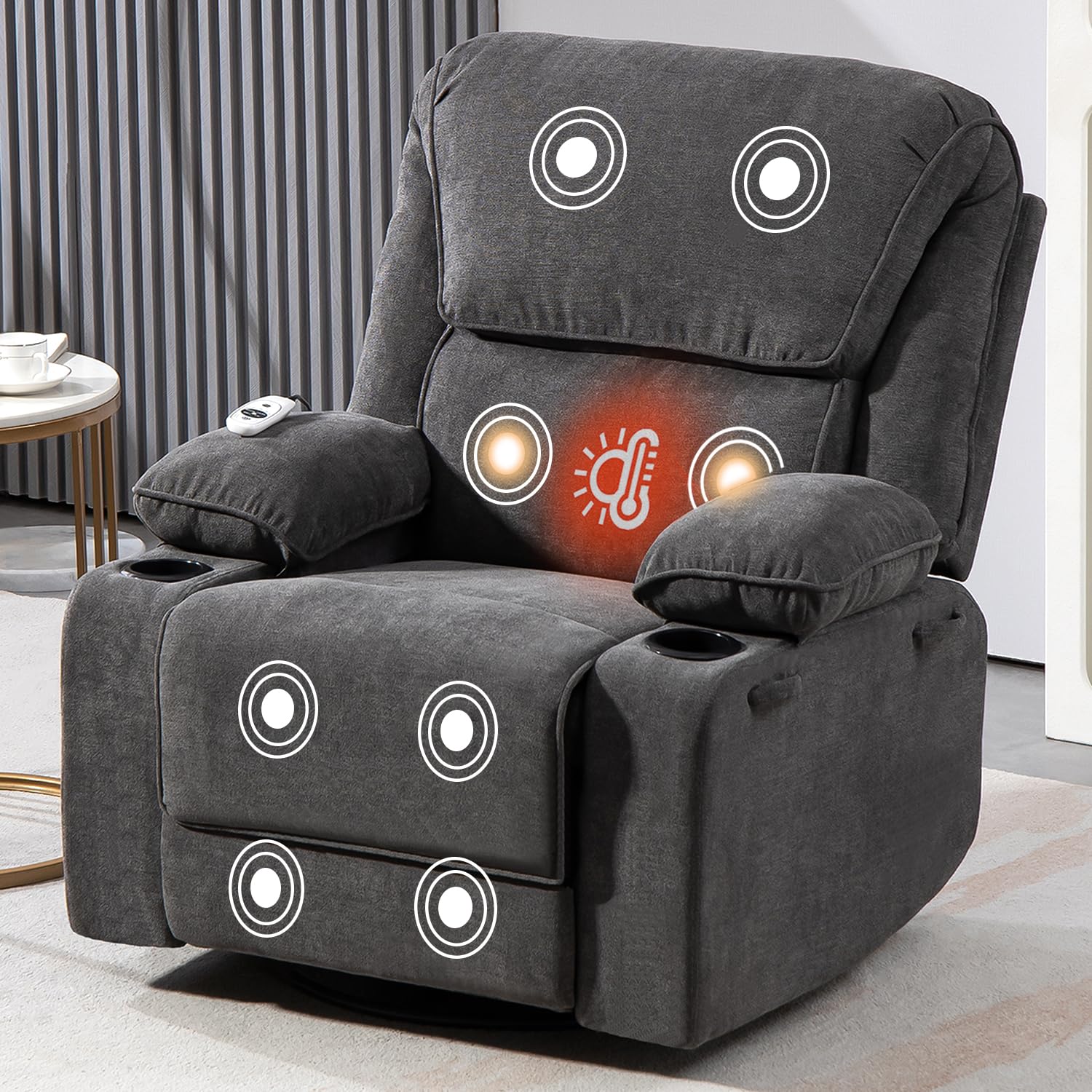 BRTHORY Rocker Recliner Chair with Massage and Heated, 360°Swivel Rocking Manual Recliner Chairs with Cup Holders Remote Control for Living Room (Dark