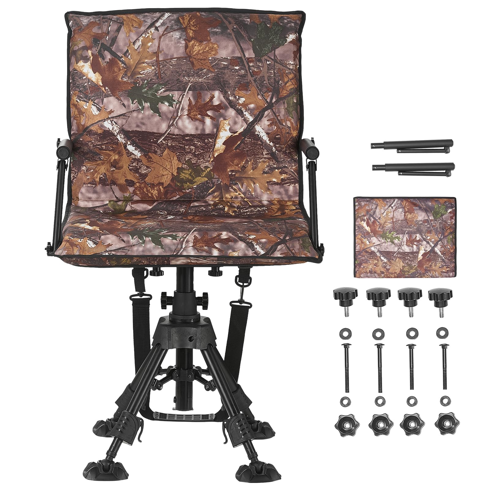 VEVOR Sedia da Caccia Campeggio Pieghevole, Sedia da Pesca con Braccioli, Altezza Regolabile Capacità di Carico 158 kg, Rotazione Silenziosa a 360°, Altezza Seduta 420-625 mm, Giardino, Esterno