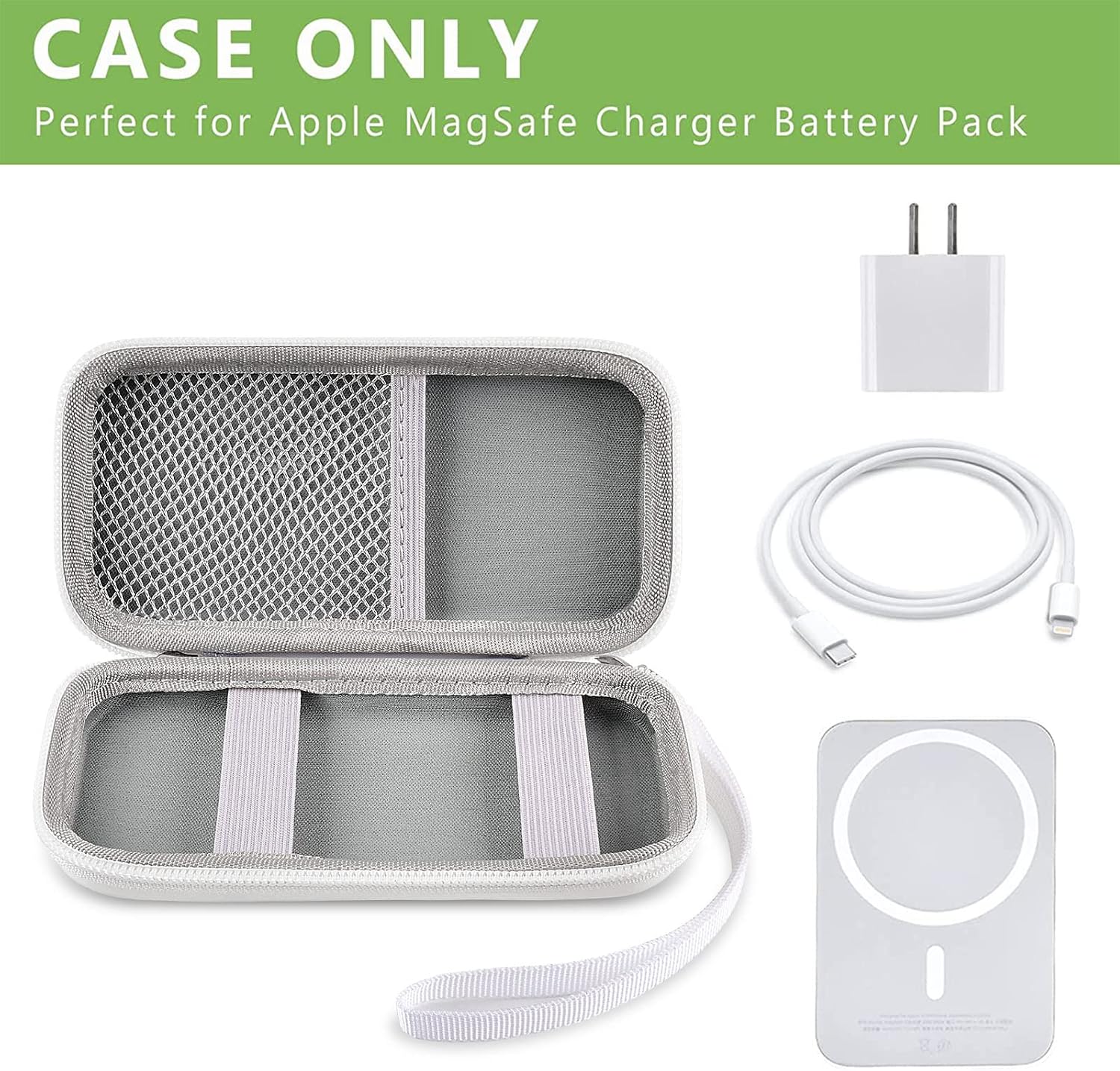 Case Compatible with Apple MagSafe Charger Battery Pack, Holder for Mag Safe Magnetic Power Bank for iPhone 12, Storage with Strap & Mesh Pocket for USB Power Adapter and Cable- White (Case Only)