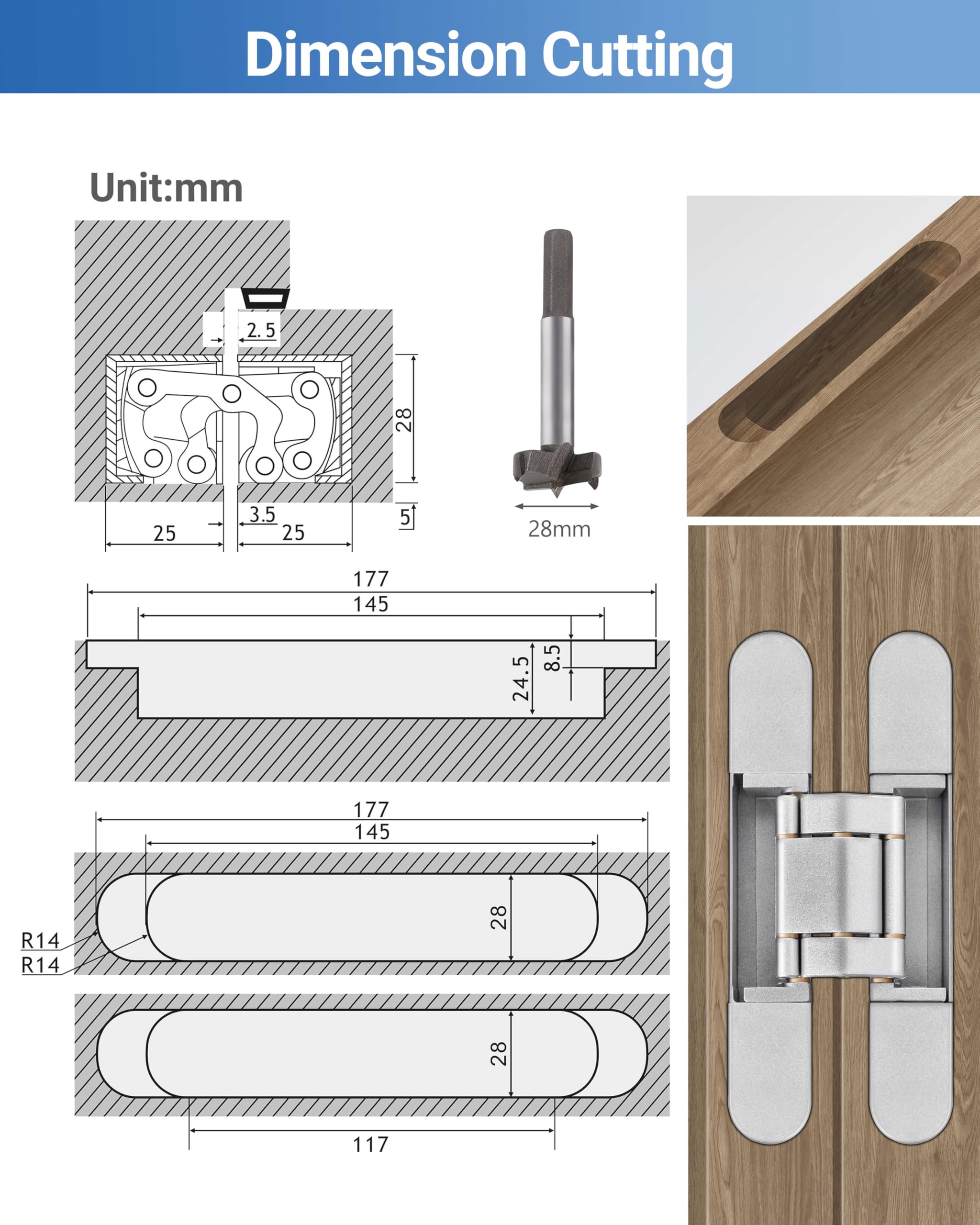 Bisagras de puerta invisibles (2 piezas) de bisagras ocultas plateadas de 7 pulgadas para puertas, 3 vías ajustables y oscilación de 180 grados y bisagra invisible de soporte de cobre mejorado,