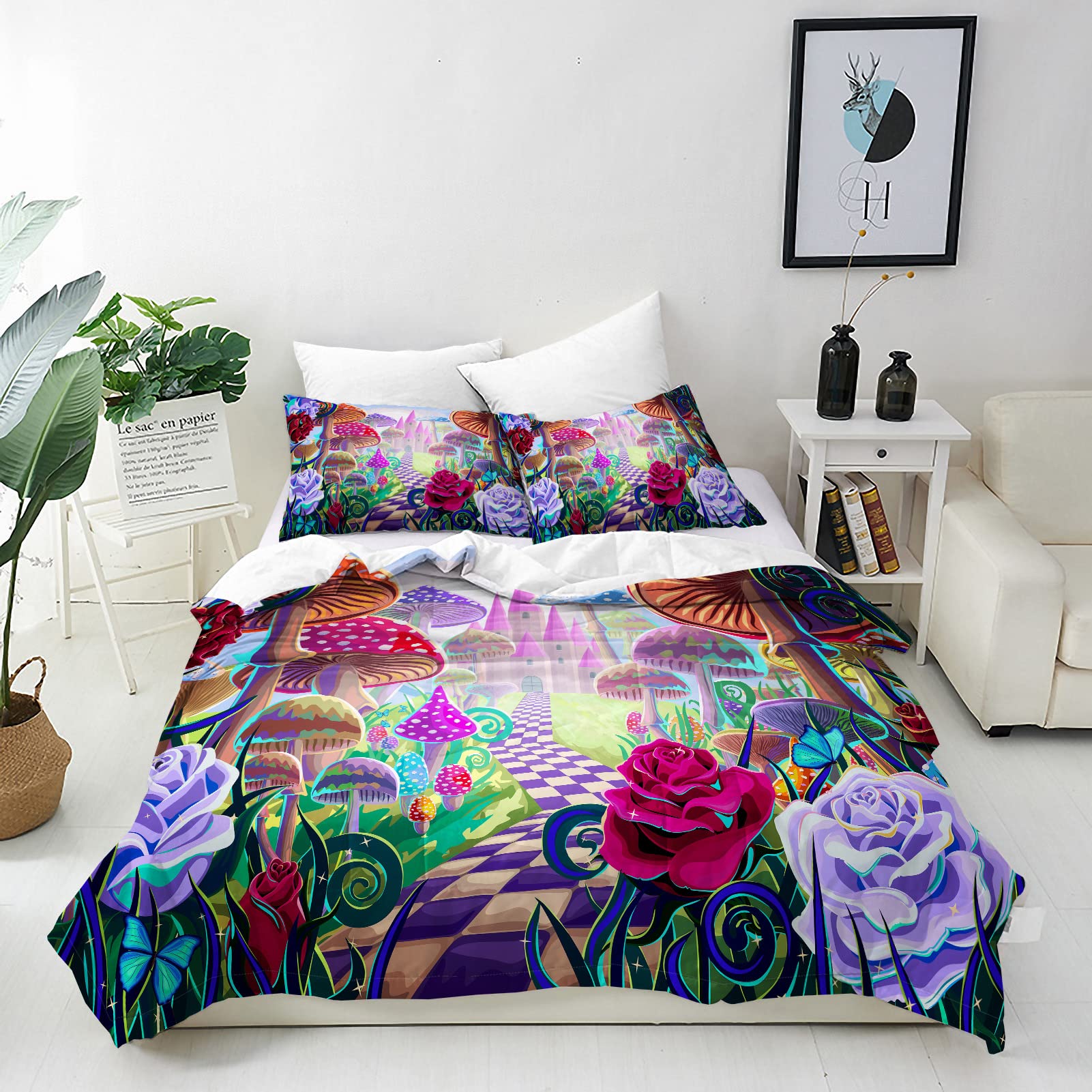 ANHOPE Mushroom Duvet Cover Set Soft Comforter Cover Castle Rose Butterfly Print Pattern 3 Piece Bedding Set with Pillowcase All Season Decor Quilt Cover with Zipper for Kids Adults Double โ image 1