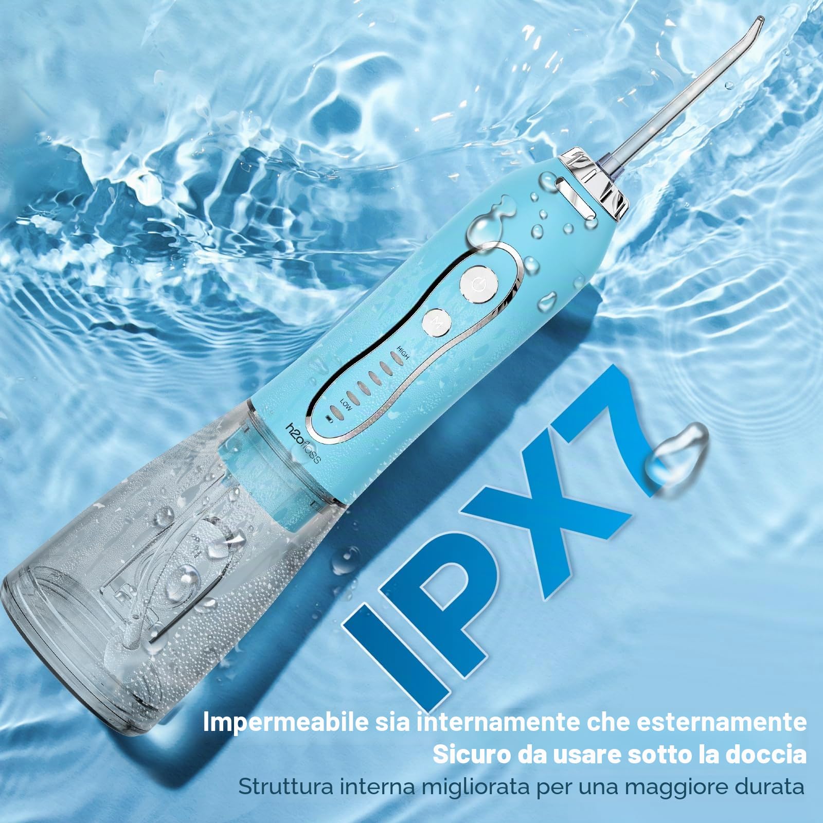 H2ofloss Idropulsore dentale portatile senza fili, 5 modalità IPX7, impermeabile, idropulsore orale ricaricabile da 300 ml, per la pulizia dei denti, blu cielo