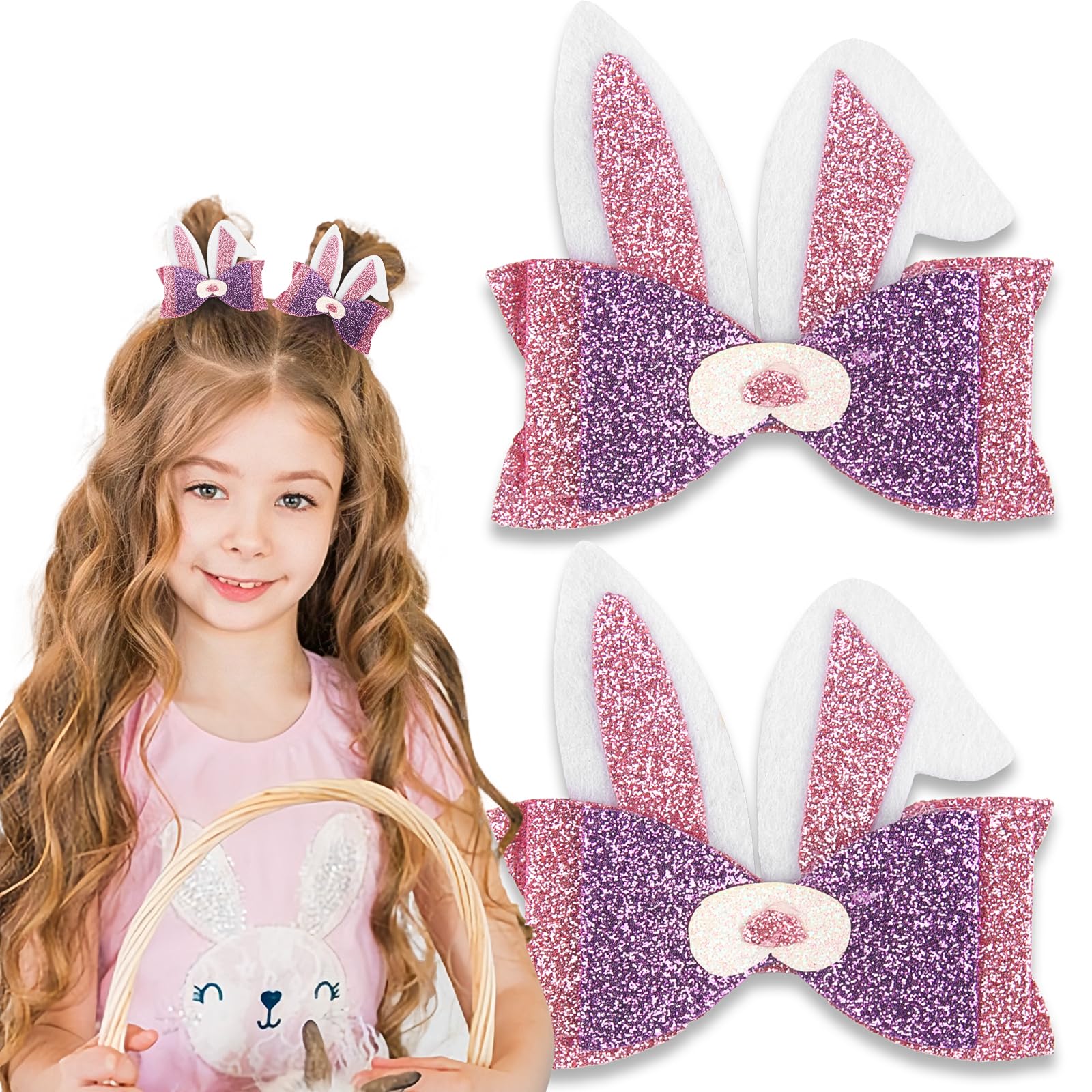 Easter Hair Bows for Girls Bunny Ears Hair Clips Glitter Sparkly Pink Rabbit Ear Alligator Hair Barrettes Cute Bunny Bow Hair Clips Hairpins Easter Holiday Party Hair Accessories for Kids Baby 2Pcs