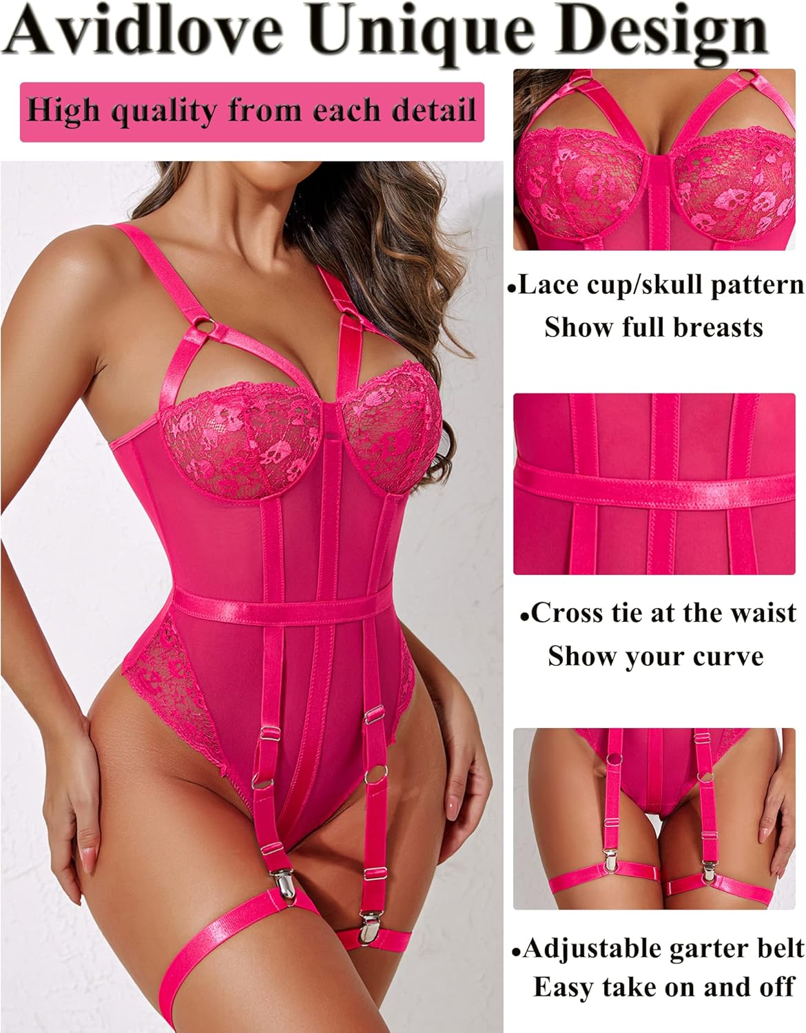 Avidlove Lingerie Sets for Women Sexy Lace Skull Corset with Garter Belt One Piece Teddy Bodysuit - Image 5