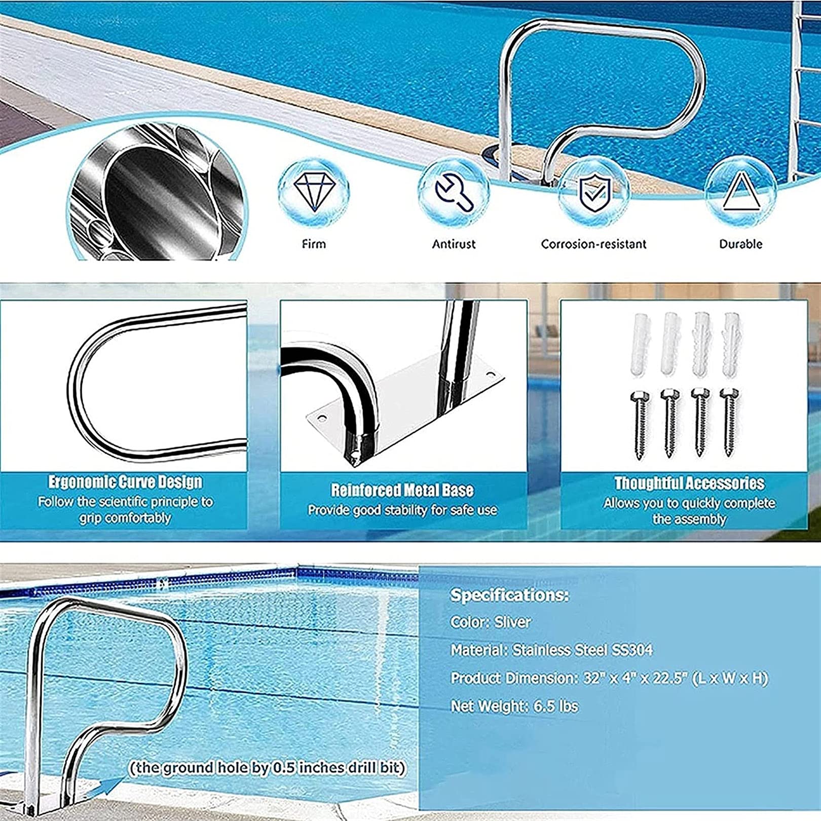 KLZUOPT Pasamanos de Seguridad para Piscina, pasamanos de Acero Inoxidable 304, toboganes para Piscina con Base de Montaje rápido (1 Unidad)