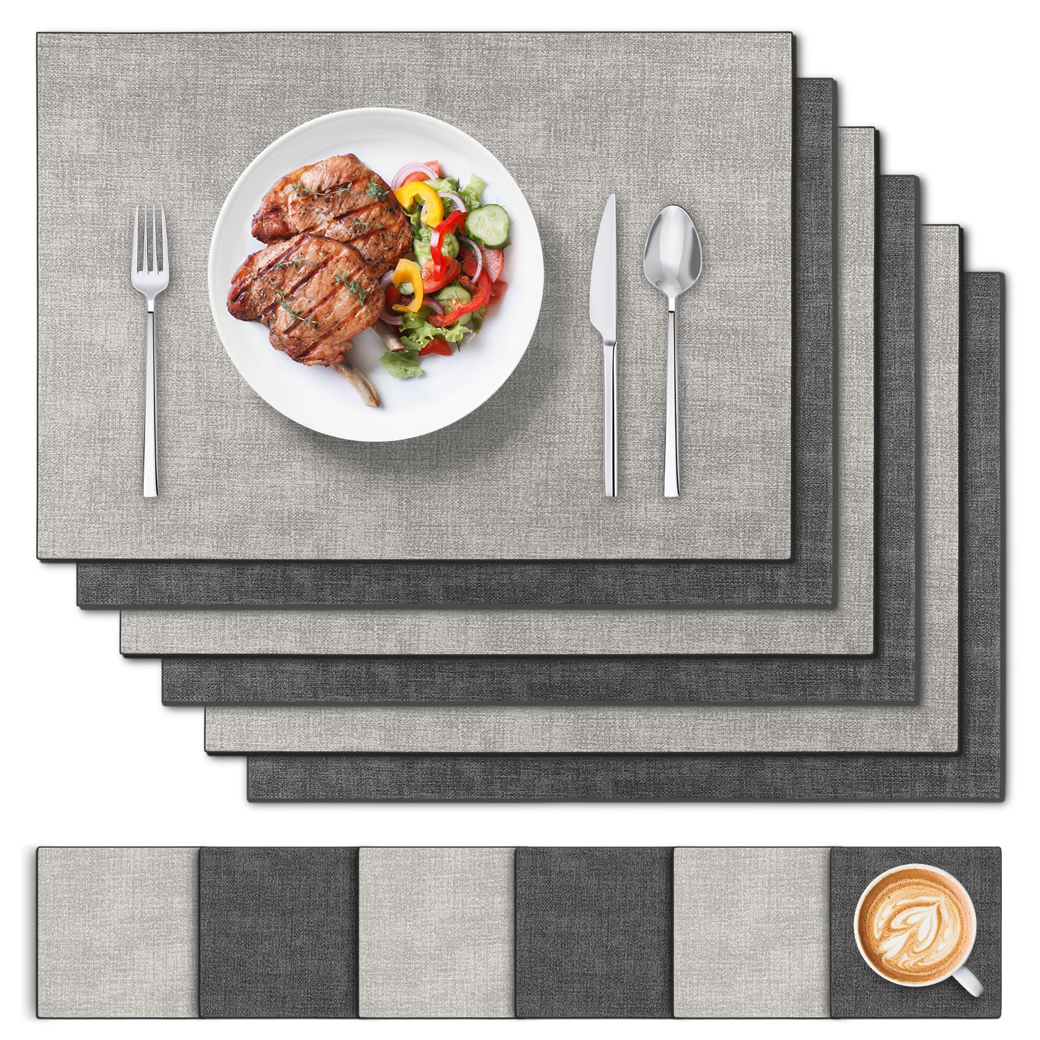 Placemats en Onderzetters Sets van 6, Ronde PU Lederen Tafelmatten Dubbelezijdige Plaatsmatten Warmtebestendige Waterdichte Wasbare Anti-slip Placemats (Blauw Geel