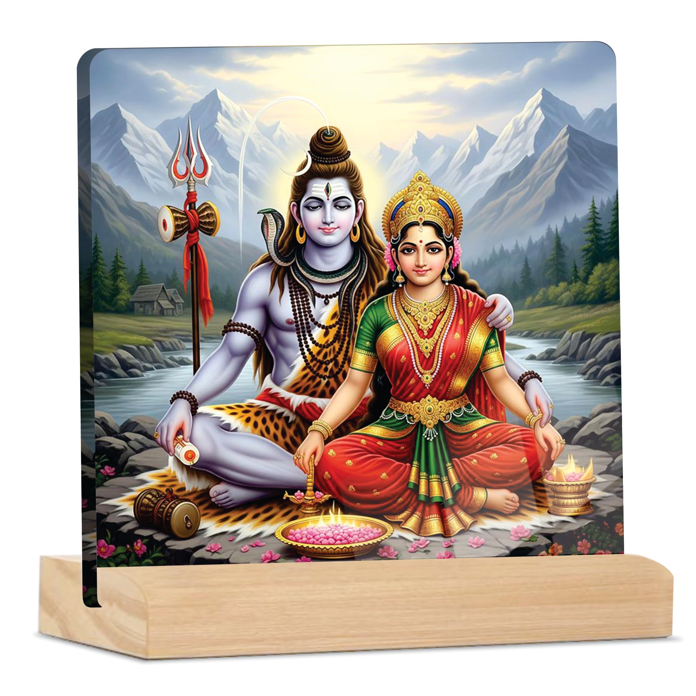 Giftplease Placa Parvati del Señor Divino Shiva y la Diosa con soporte de madera, marco de fotos religioso para el templo del hogar, habitación Pooja, oficina y regalo espiritual para inauguración de