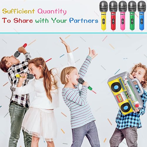 Miniatura 4 de 12 micrófonos inflables, 1 caja inflable Boombox, 2 piezas de guitarra inflable para decoraciones de fiesta de los años 80 y 90, suministros de