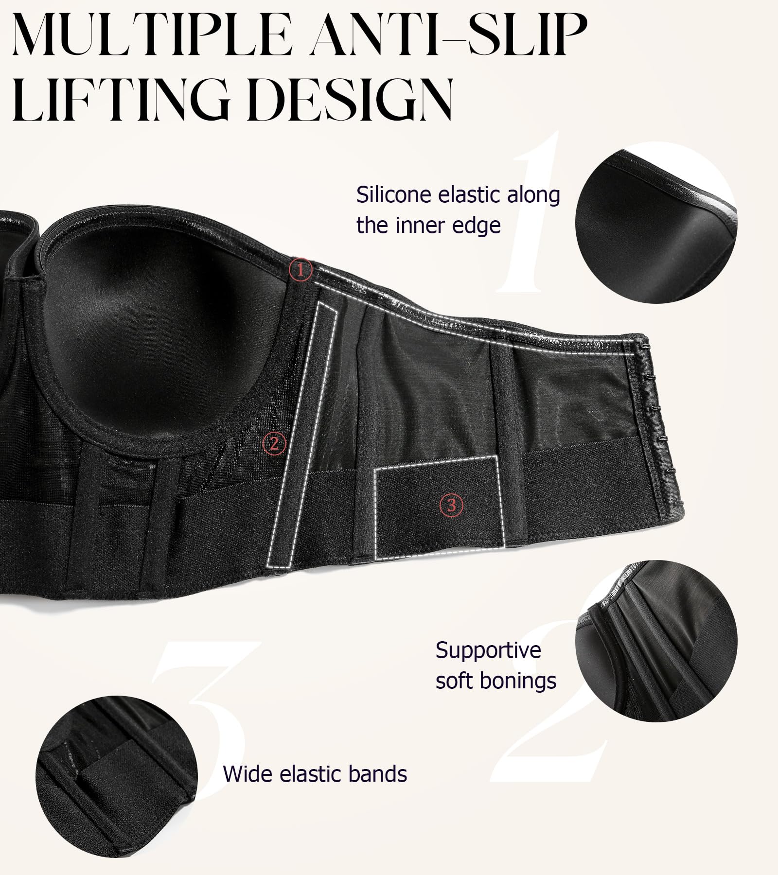 Lemorosy Sujetador Sin Tirantes para Mujer con Aros Moldeado Tallas Grandes Corset Push up Soporte Antideslizante