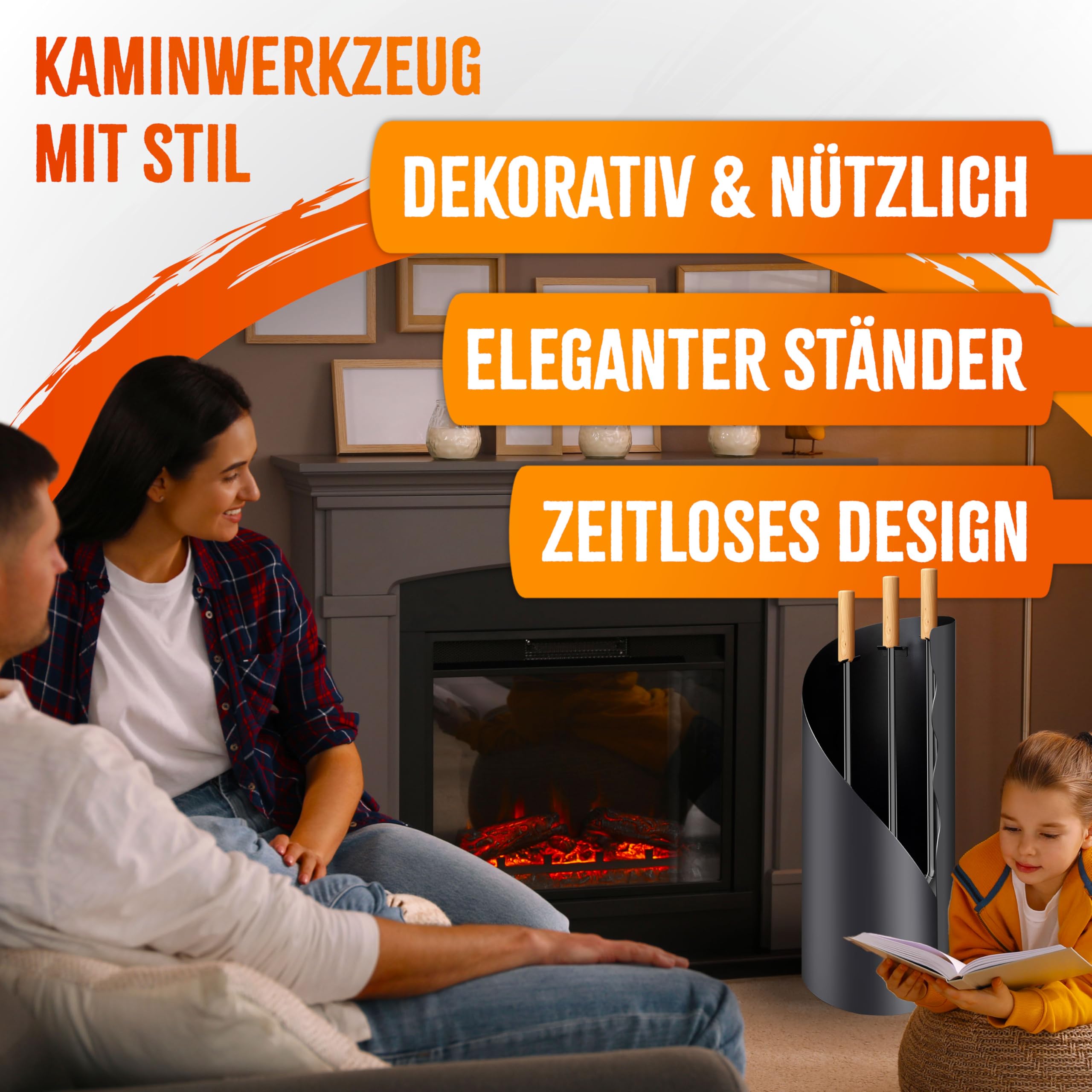 KESSER® Accessori per camino Kit camino da 4 pezzi - design moderno, rivestito, Set per caminetto di alta qualità composto da 4 pezzi: scopino, paletta, attizzatoio, supporto acciaio, manici,Antracita