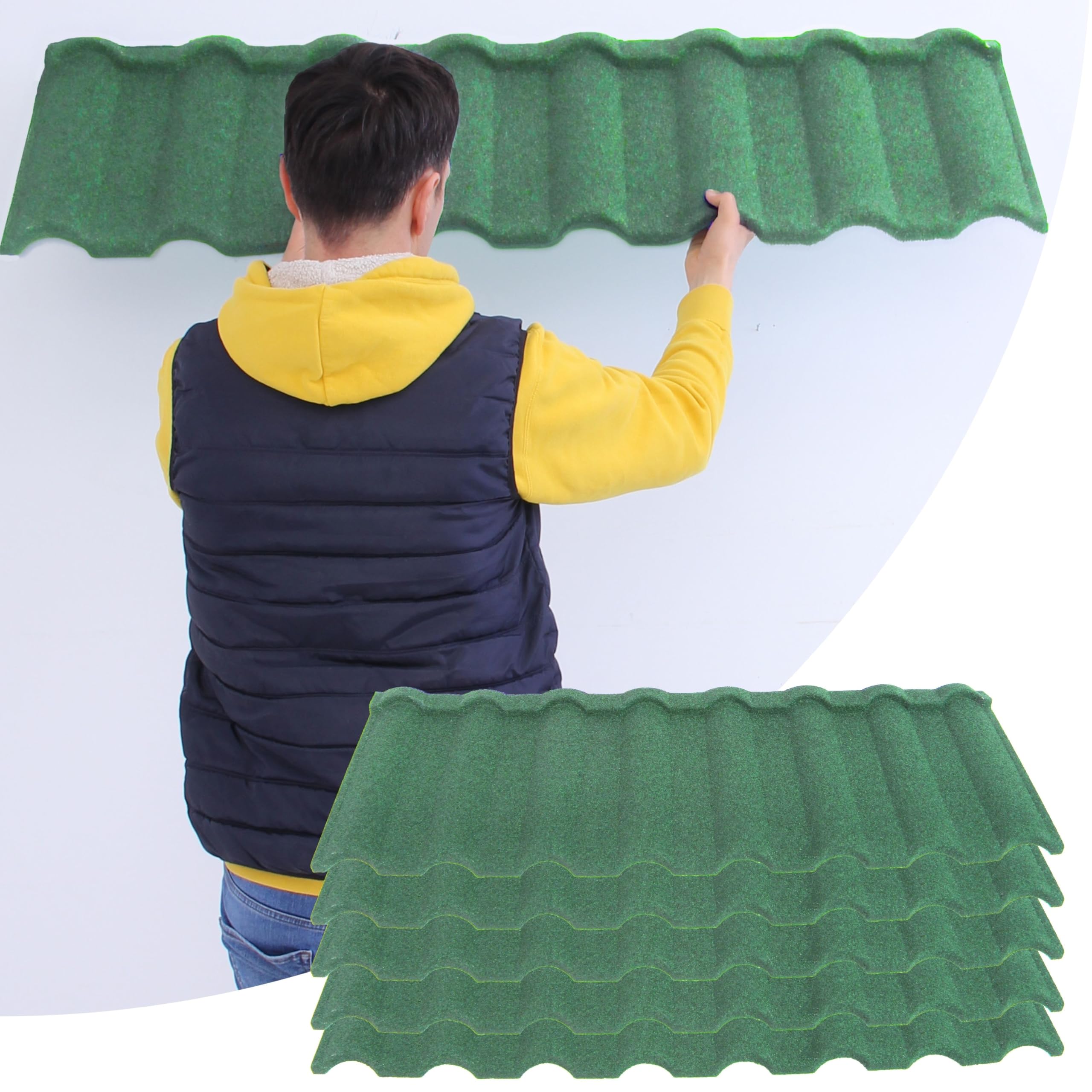 Metal Roof Shingles – Pack of 5 Pcs Covers 29.5 sq ft (2.37sqm) - Corrugated Roofing Tiles - 2mm Thick Galvanised Zinc Stone Coated Sheets, For Homes, Sheds, Canopies with Sloped Roof in Dark Green