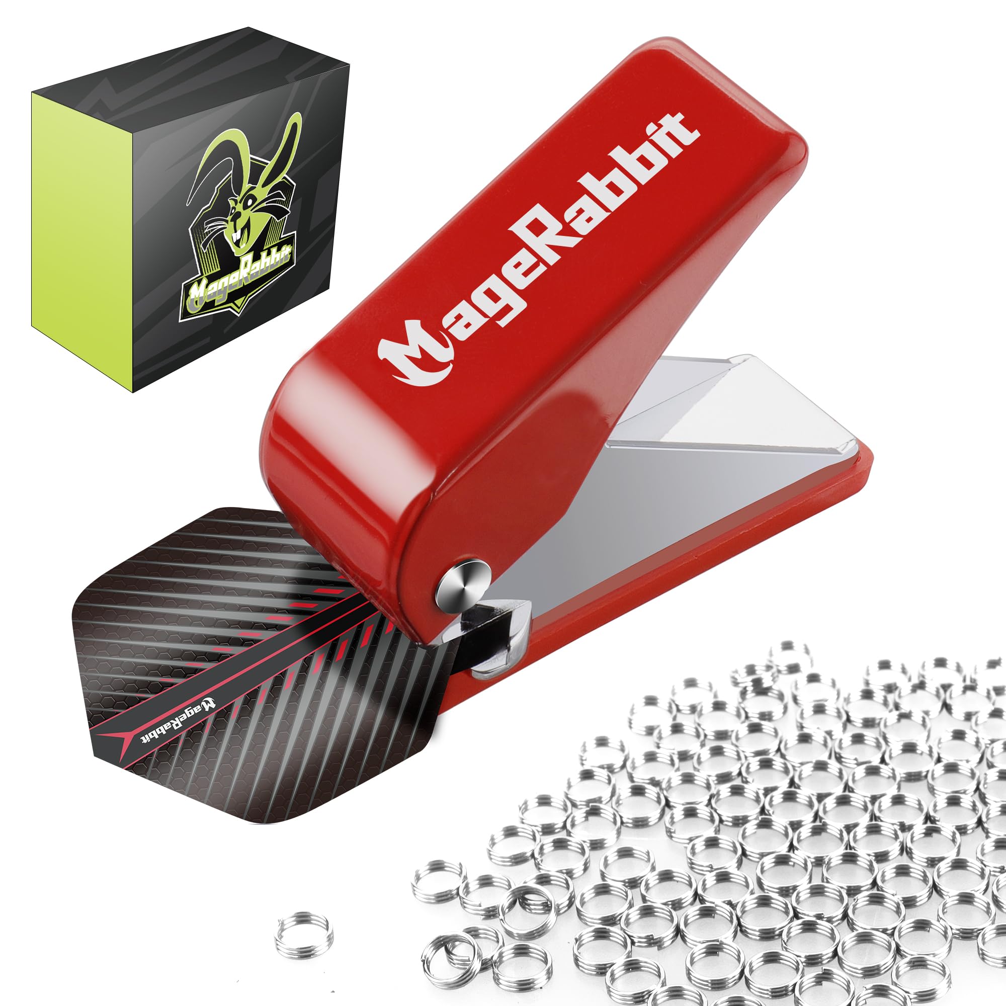 MageRabbit Dart Flight Locher mit 100 Metall-O-Ringen, Dart zubehör,Dart Werkzeuge,Flügel-Lochzange für Darts， Robuste Metall-Lochzange für präzises Stanzen von Dartflügeln,Dartstanzer (Rot)