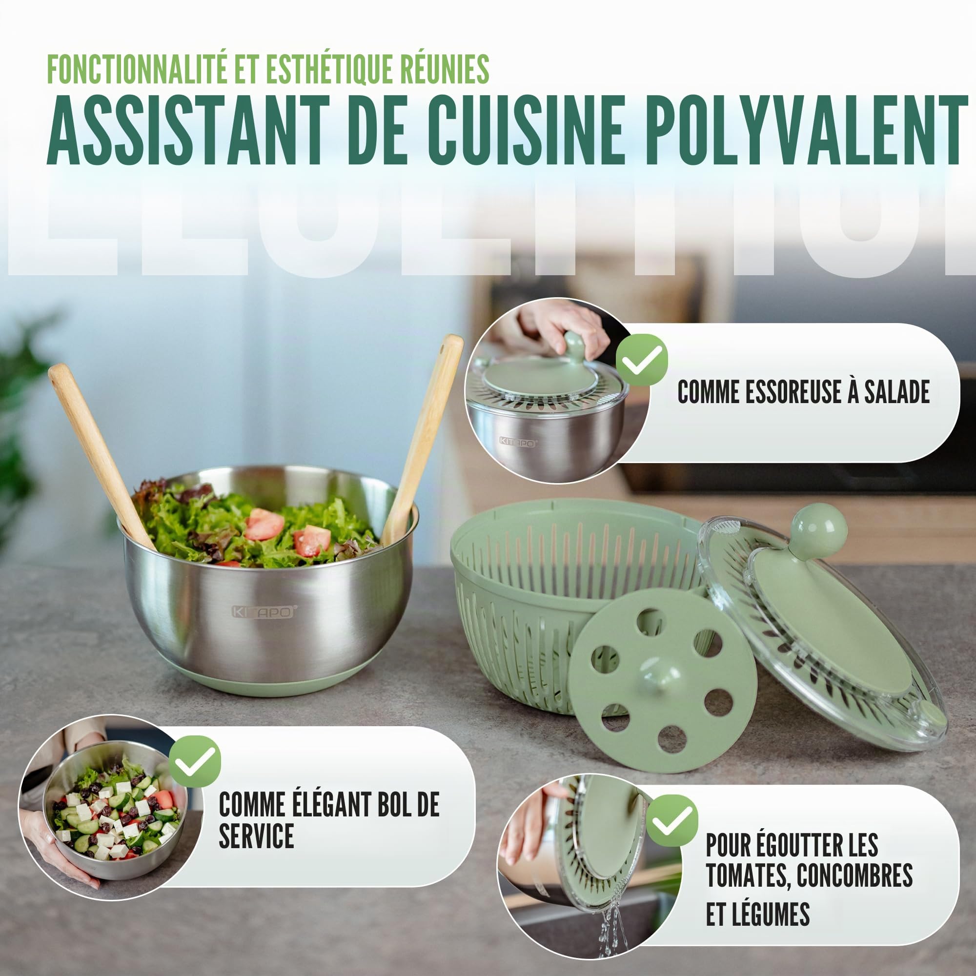 Essoreuse à salade en acier inoxydable avec entraînement à manivelle [bol de service 2 en 1] 4,5 l [sortie d'eau, passe au lave-vaisselle, antidérapant] Salad Spinner Essoreuse à fruits