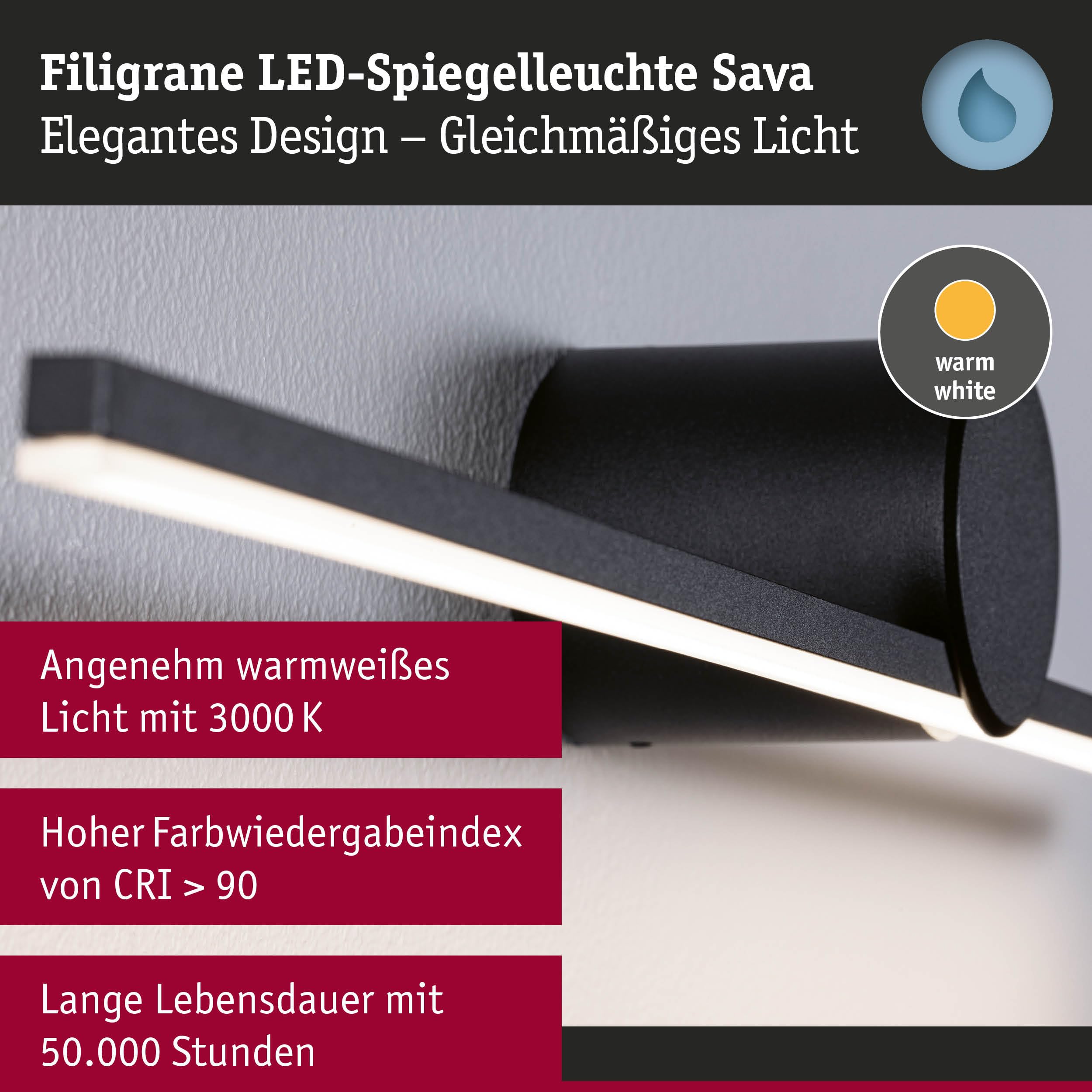 Paulmann 75410 LED Leuchtspiegel Sava IP44 3000K 250lm 230V 4,2W Schwarz matt
