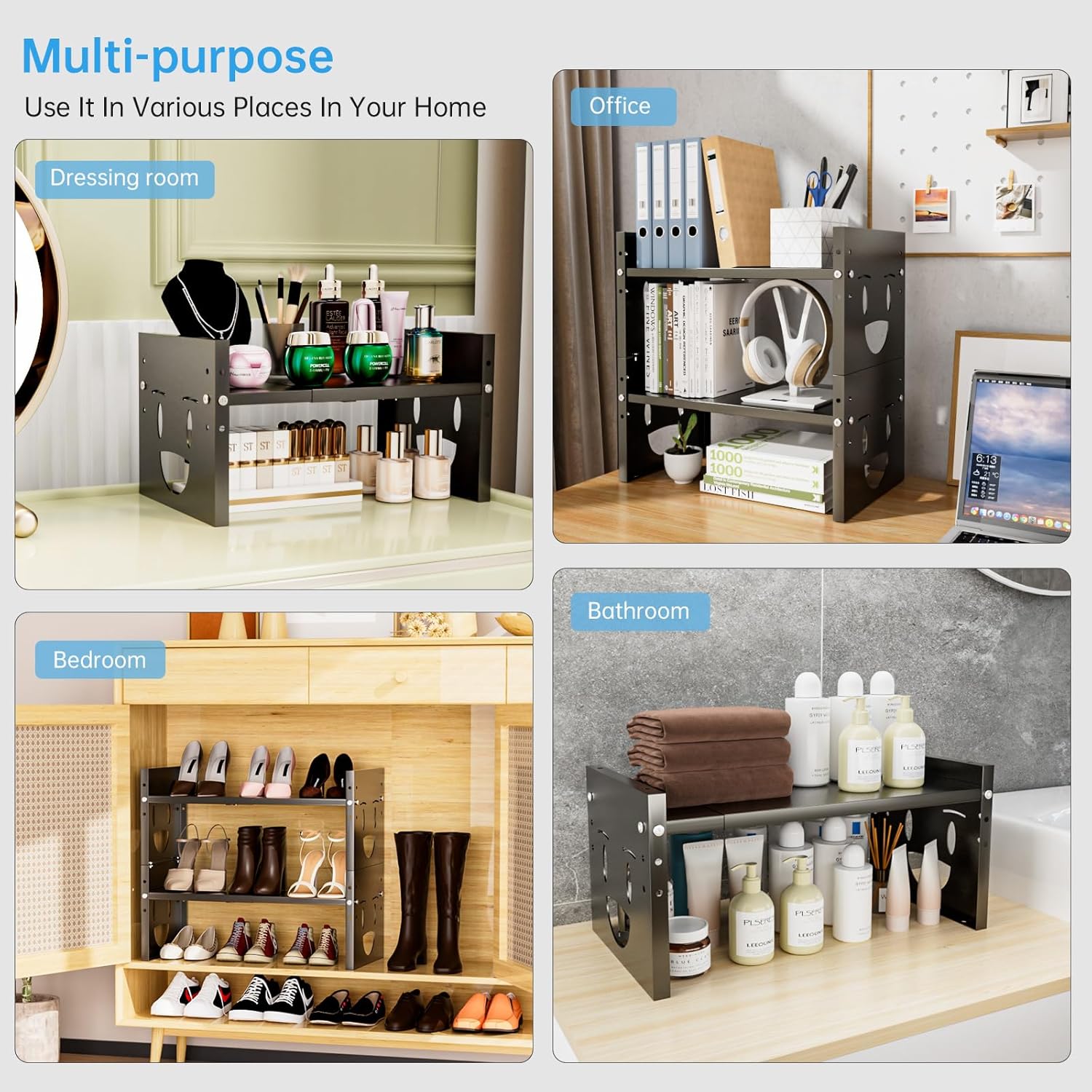 Fun-Face Expandable Cabinet Shelf Organizer,Adjustable Height & Width, Stackable Metal Storage Rack,Kitchen Spice Rack, Pantry Shelf, Countertops (2, Black)