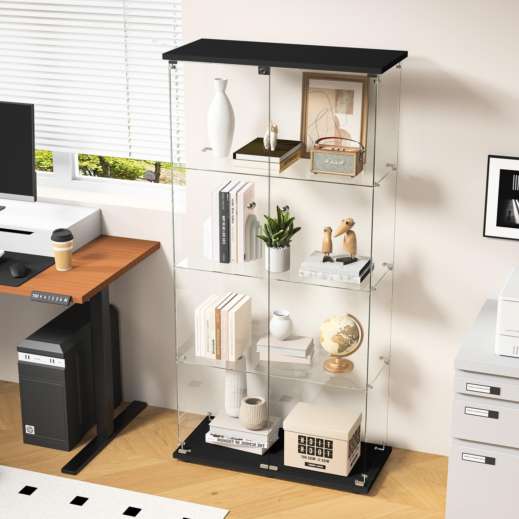 Vitrina de Cristal,164x80.5x36.5cm,Vitrina Expositora para Colecciones con 4 Estantes 2 Puerta con Cerradura,Gabinetes de Vidrio para Salón Dormitorio,Pasillo,Vitrina Cristal,Negro