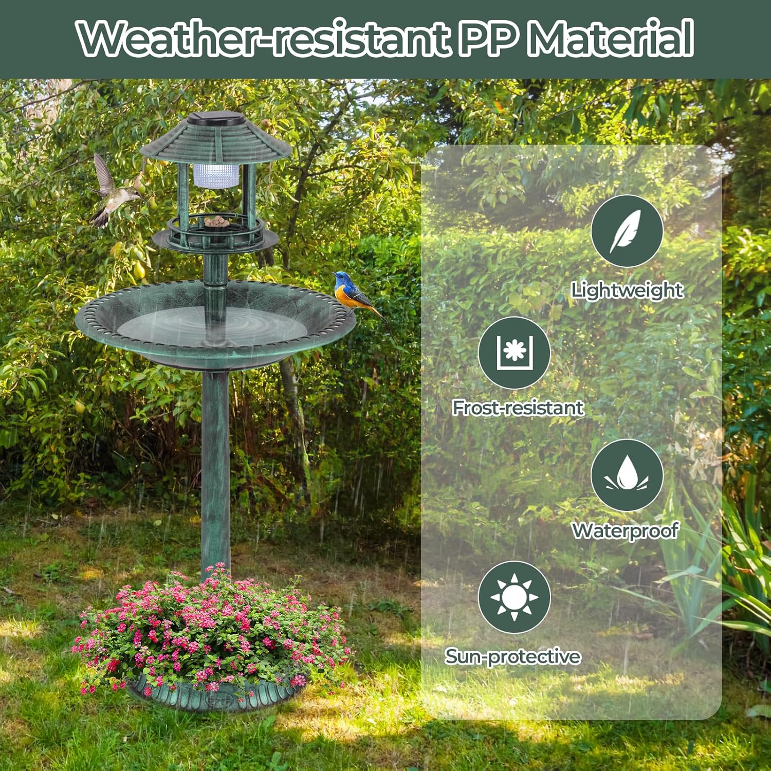 Giantex 42 inch Bird Bath Solar Lighted, Pedestal Bird Bath with Bird Feeder, Flower Planter Base, Solar Powered Lamp, 3 Ground Stakes, Standing Birdbath for Outside Garden Yard Outdoor (Green)