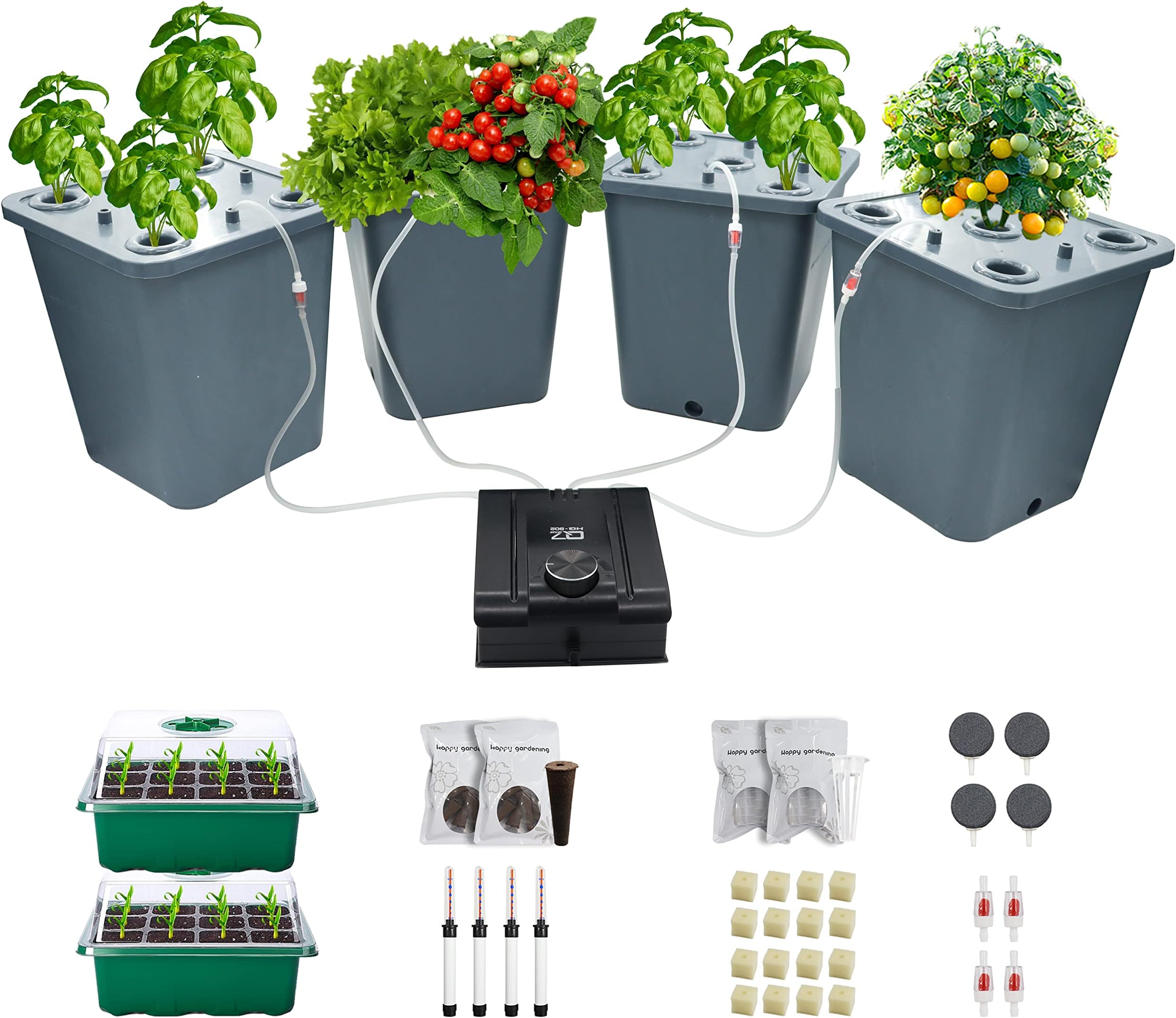 4 Hydroponic Buckets Kit for Plants, Hydroponics Growing System for Herbs/Tomato/Vegetables, DWC System with Air Pump & Germination Tray (Complete Indoor Hydroponic Gardening Supplies)