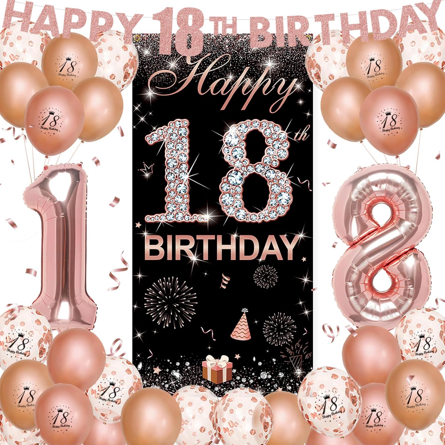 Vicycaty 45Pcs 18th Birthday Decorations for Girls - Rose Gold, Happy 18th Birthday Fabric Backdrop, Photo Props, Yard Sign, Letter Banner, Number 18 Balloons, Party Supplies Kit