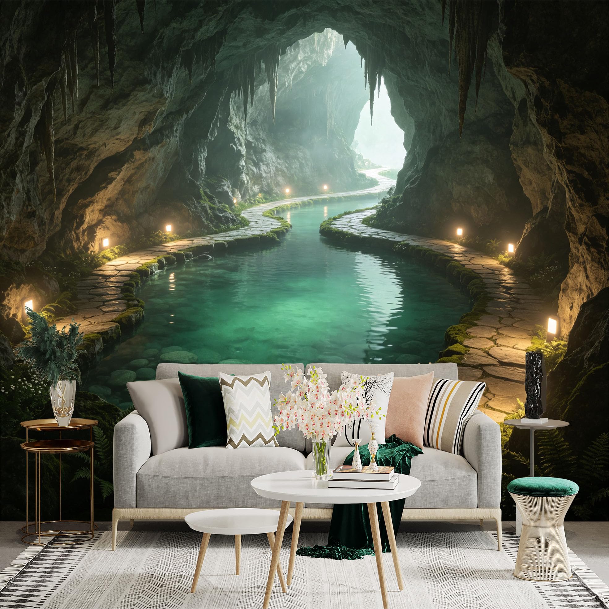 Custom Size Wall Sticker Mural， Mysterious Limestone Cave， Glowing Underground River， Scenic Stone Pathway， for wall Decoration， peelandstick wall Decals.