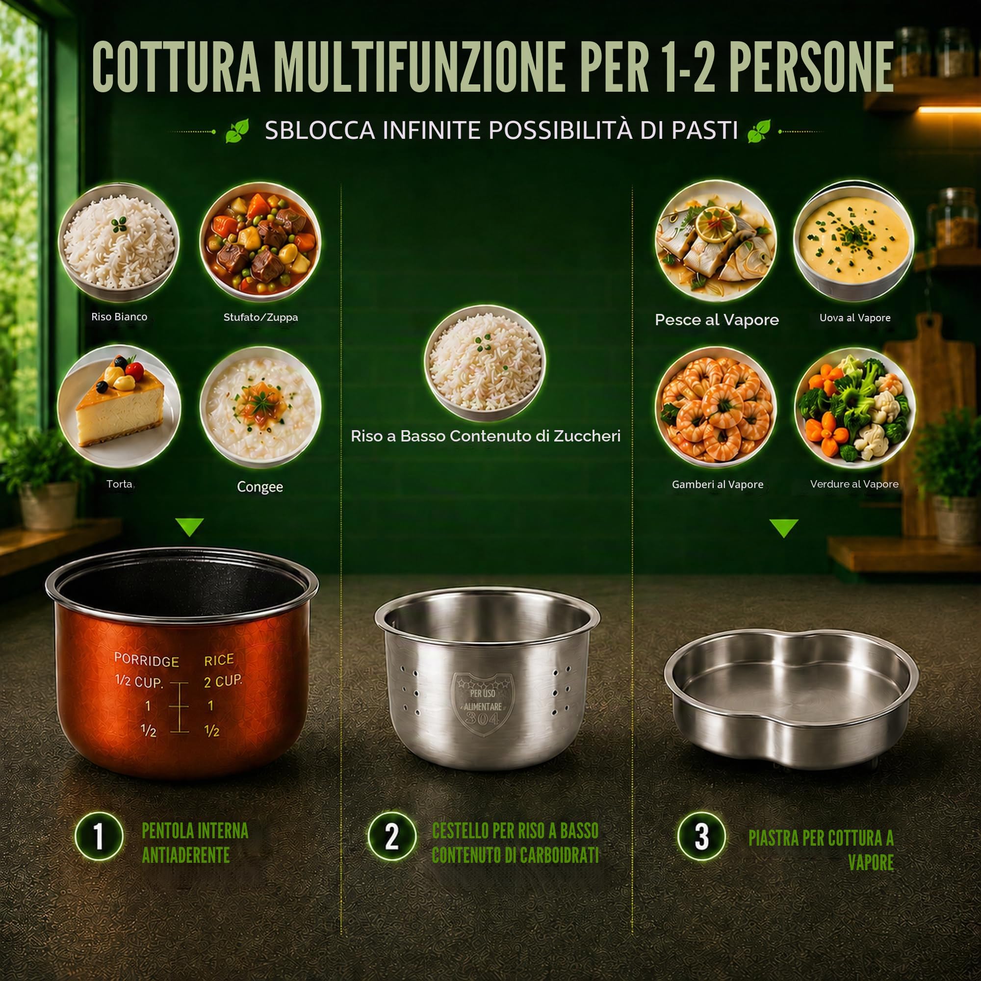 Audecook Cuociriso Elettrico 1.2L con Funzione di Low Sugar e Vaporiera Per 1-2 Persone, 5 Programmi Multicooker, Pentola Rice Cooker Mini con Funzione di Mantenimento In Caldo, Timer (Verde)