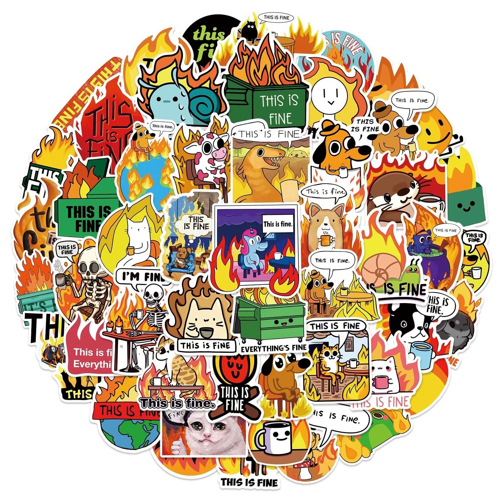 50 Stück This is Fine Dog Aufkleber Pack This is Fine Dog Sticker Set Wasserdichte Vinyl Sticker für Laptop Kinder Autos Motorrad Fahrrad Skateboard Gepäck Koffer Computer Aufkleber Graffiti Decal