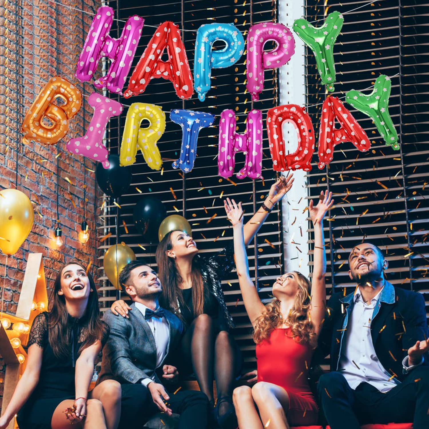 Cartel De Cumpleaños Personalizable Con Globos Y Corazones - Estilo Neón Rosa Dorado, De Papel