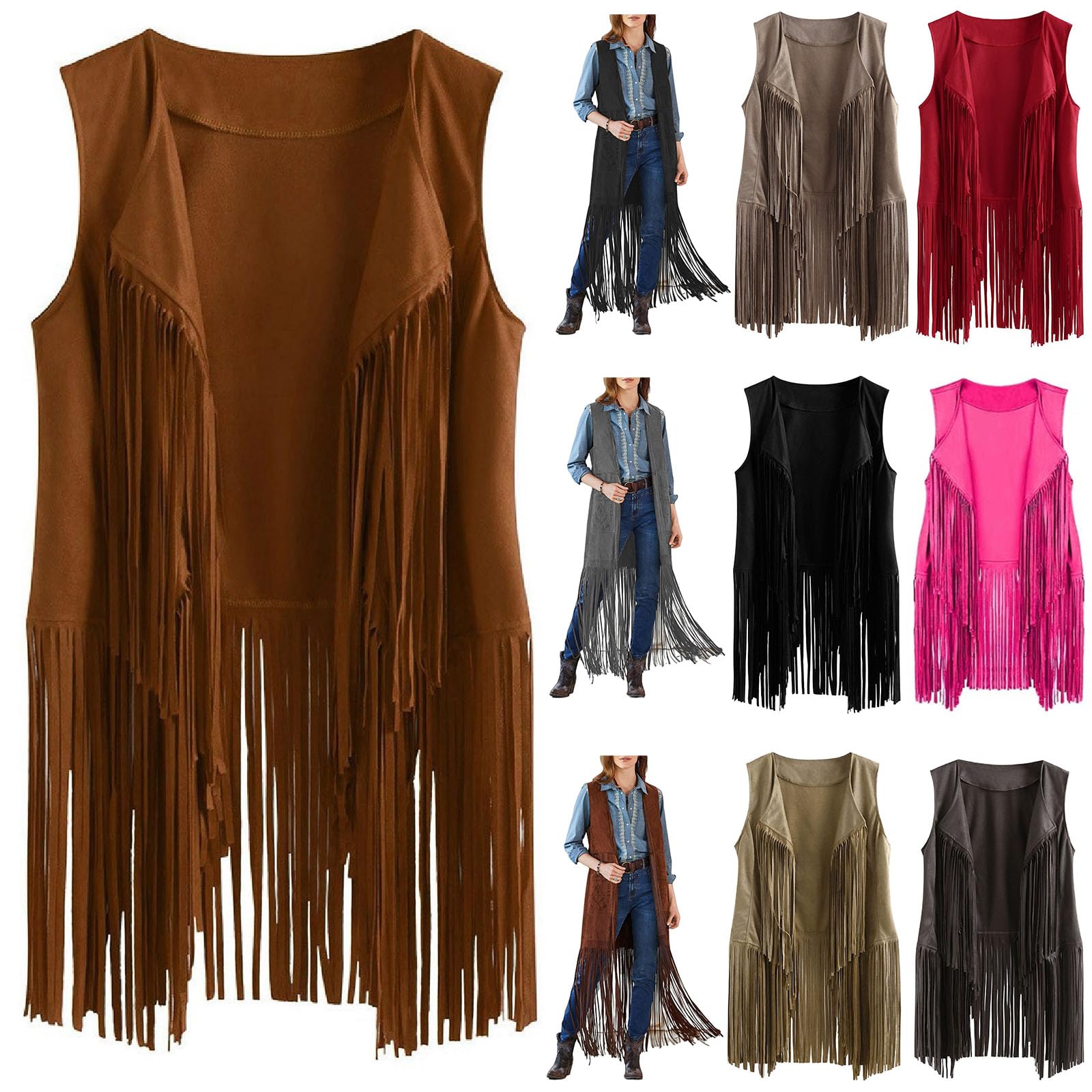 Women's Tassel Sleeveless Vest Long 70s Hippie Faux Suede Fringe Western Jacket Cardigan