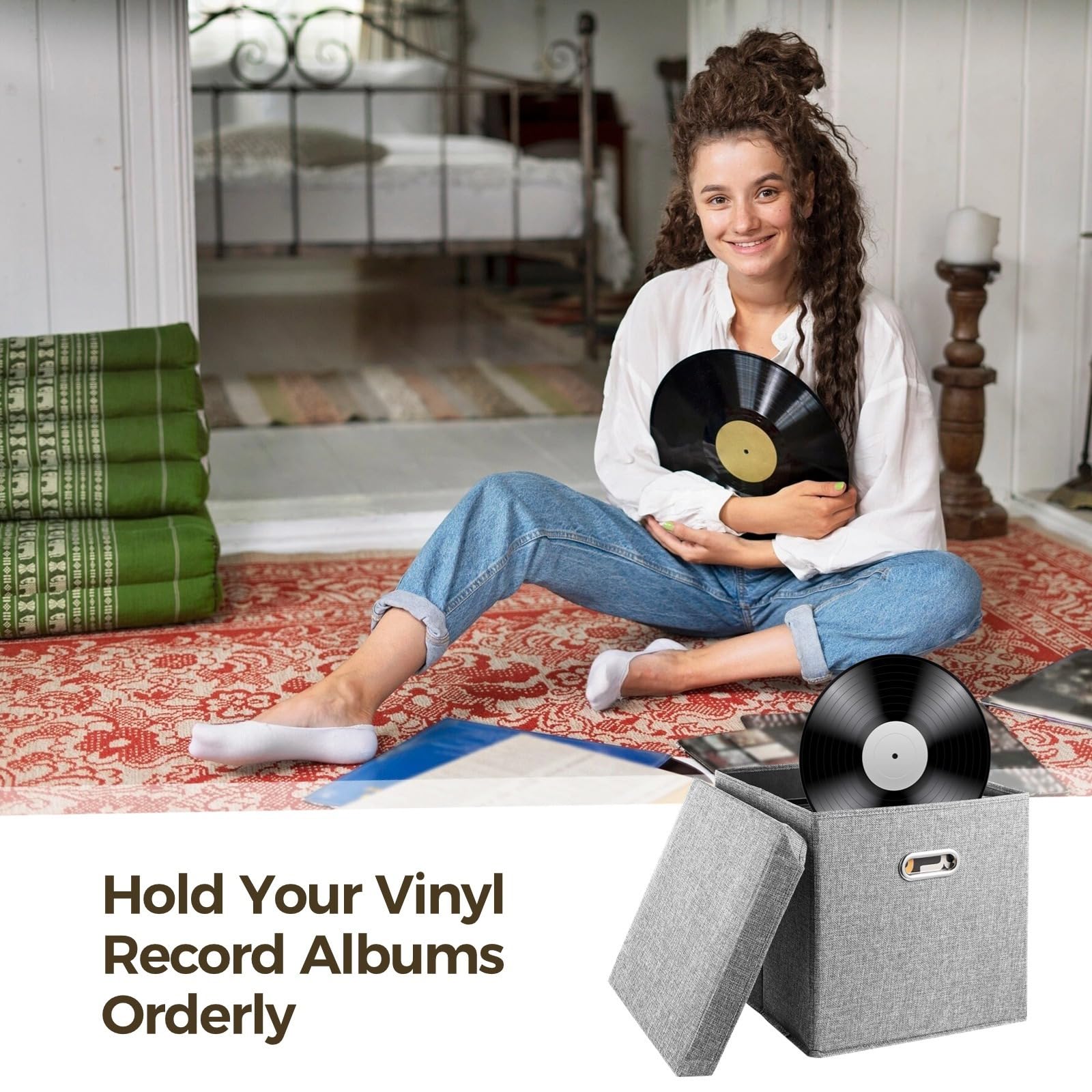 Set di 2 contenitori per dischi in vinile, 33 x 33 x 33 cm, può contenere fino a 50 litri, casse in tessuto con coperchio per album e traslochi