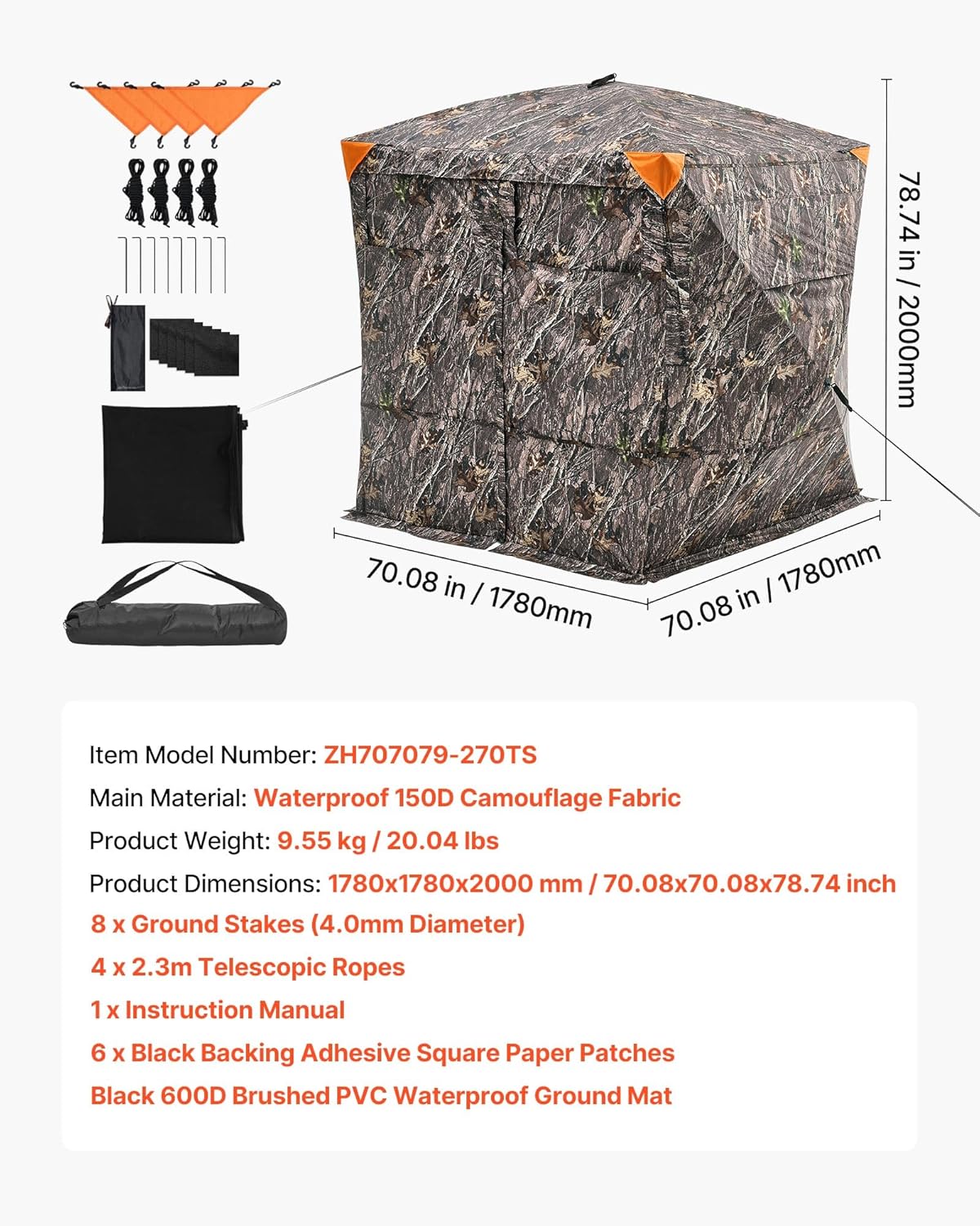 VEVOR Hunting Blind，See Through Ground Blinds with Carrying Bag, 360 Degree Portable Camouflage Tent，Durable Concealed Shelter with Silent Side Door and Window, for Turkey and Deer