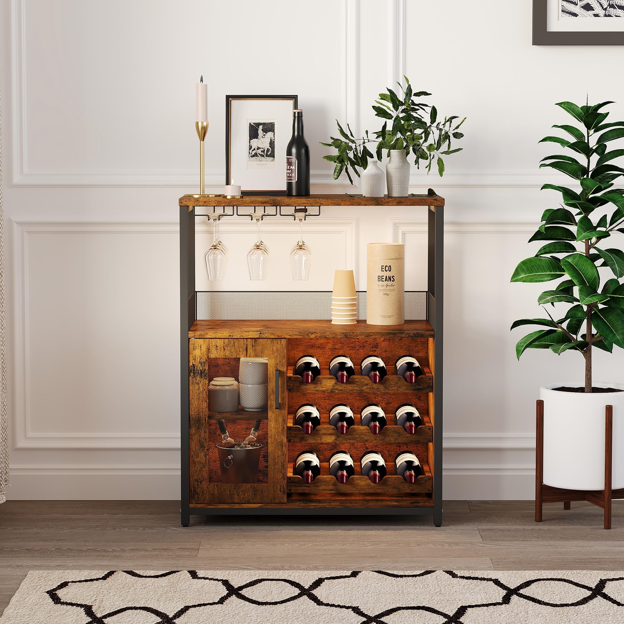 Litake Industrial Weinschrank und verstellbaren Einlegeböden, Kaffeebar-Schrank mit Gittertür und Lamellendesign, 91cm hoher Kleiner Bar-Schrank für zu Hause Küche Esszimmer Vintage Farbe
