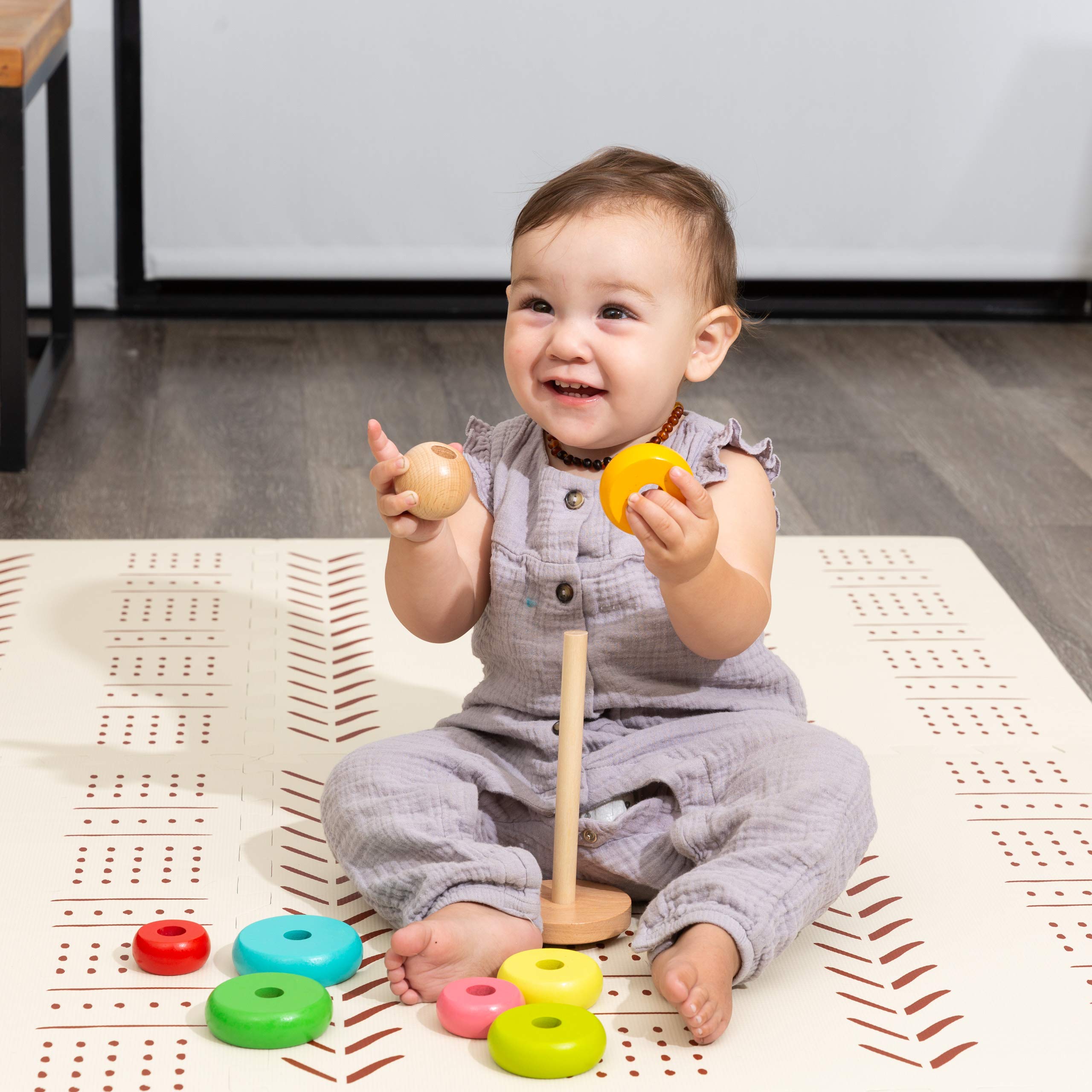Childlike Behavior Baby Play Mat - Extra Large, Non-Toxic Foam Play Mat with Soft Interlocking Floor Tiles 72x48 Inches - Baby Floor Mat for Infants, Toddlers and Kids (Mudcloth - Beige)