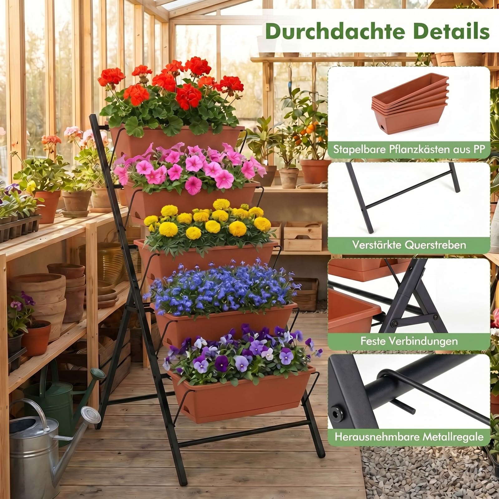COSTWAY 5-stufiges Hochbeet, vertikales Pflanzenbeet mit 5 Blumenkästen & Drainagelöchern, Vertikalbeet freistehend, Blumentreppe für Gemüse Kräuter Blumen, 57 x 71 x 115 cm (Rot)