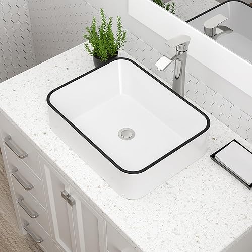 Dcolora - Fregadero rectangular de 19 x 15 pulgadas, color blanco con borde negro, porcelana de cerámica, rectangular, lavabo sobre encimera